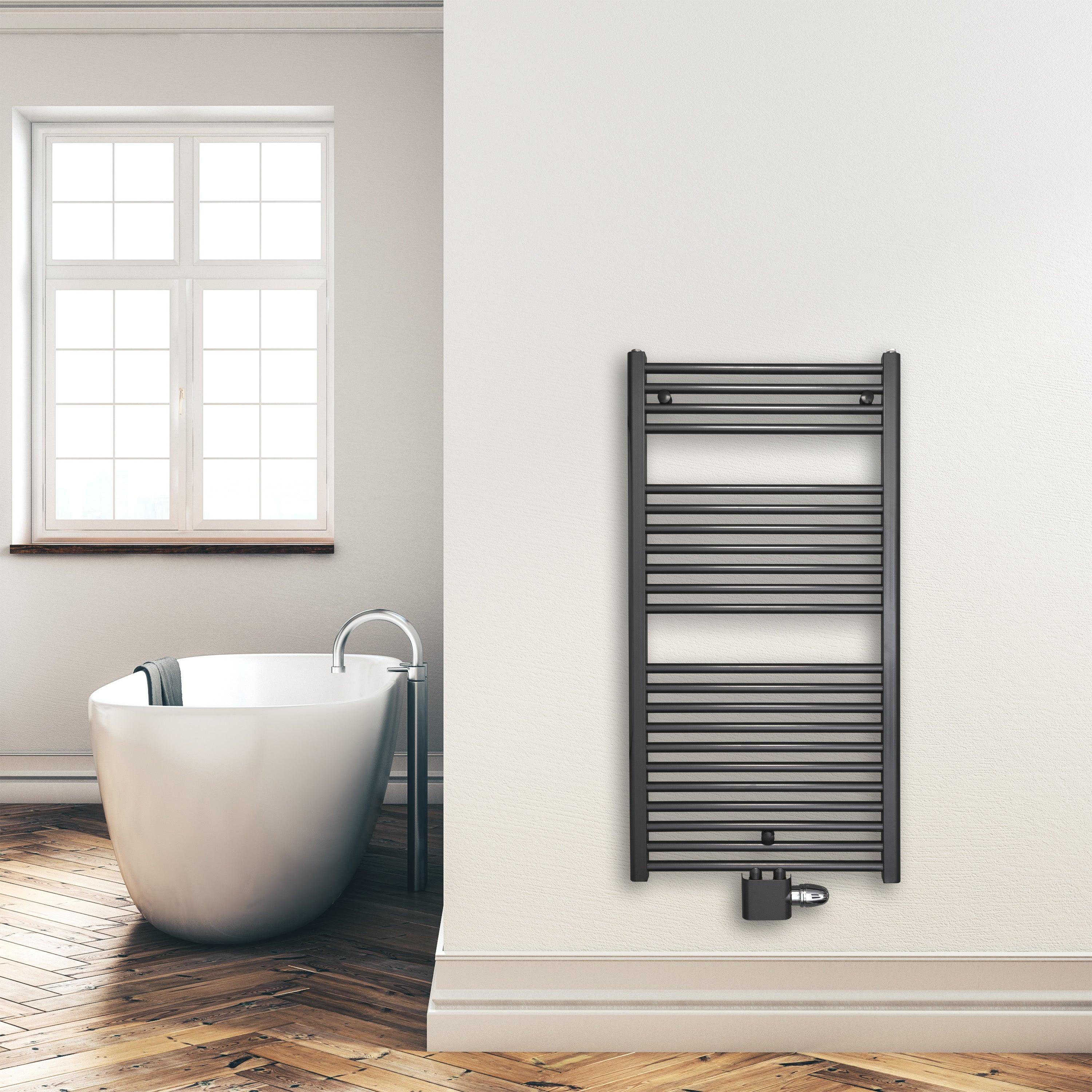 Handtuchheizkörper 1160 x 600 mm mit Mittelanschluss Handtuchhalter Badezimmer Heizung Handtuchwärmer anthrazit Montagebeispiel - heizkoerper.shop