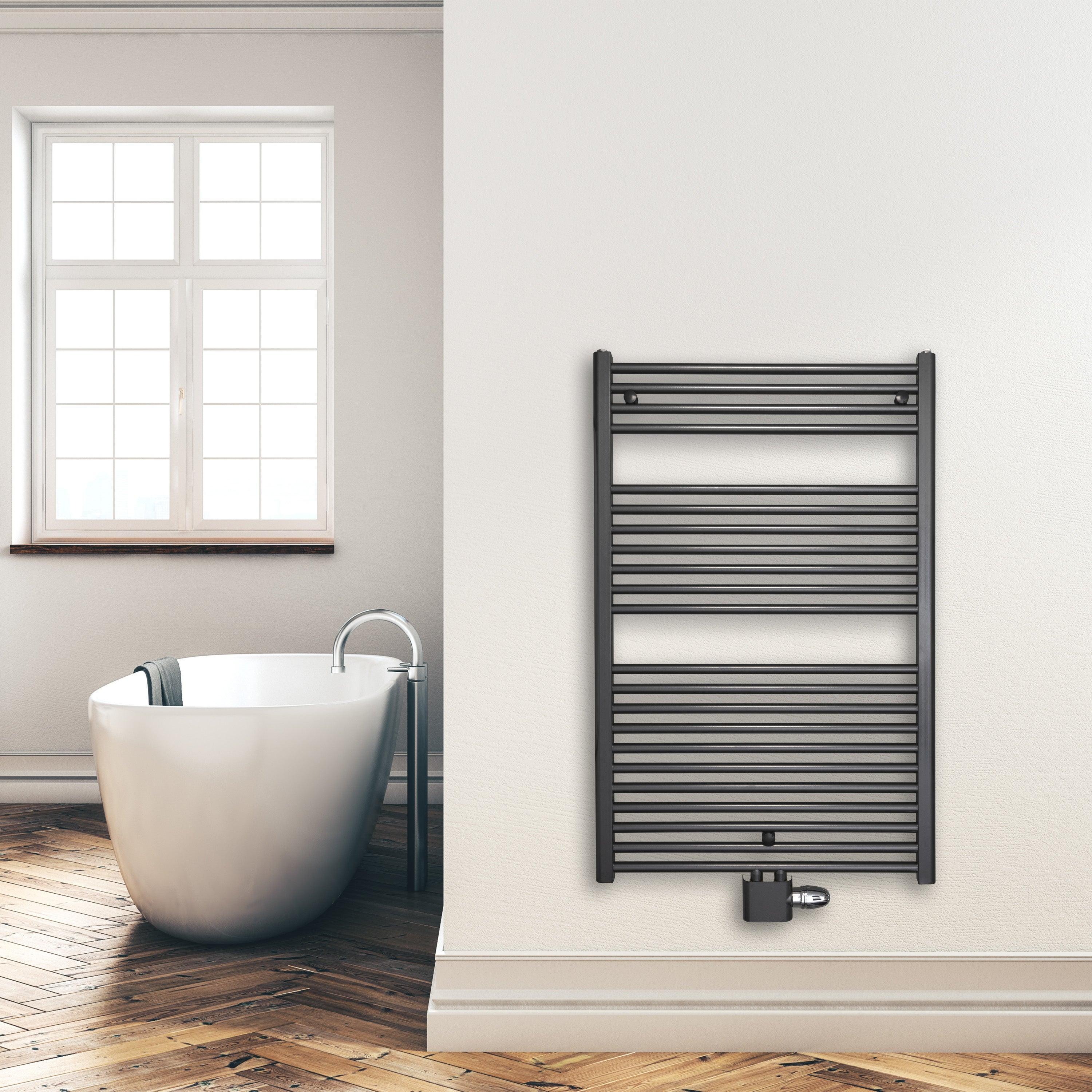 Handtuchheizkörper 1160 x 750 mm mit Mittelanschluss Handtuchhalter Badezimmer Heizung Handtuchwärmer anthrazit Montagebeispiel - heizkoerper.shop