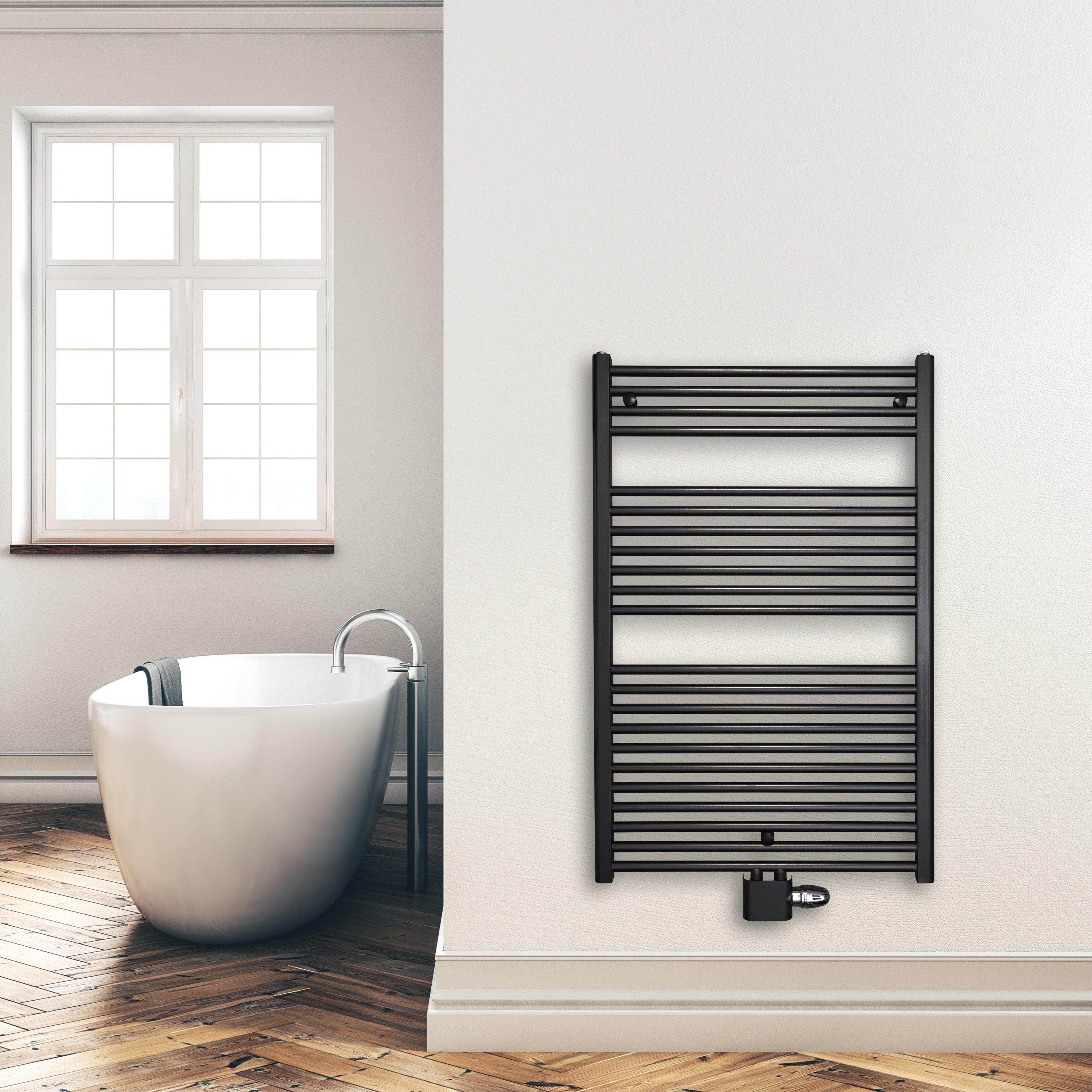 Handtuchheizkörper 1160 x 750 mm mit Mittelanschluss Handtuchhalter Badezimmer Heizung Handtuchwärmer schwarz Montagebeispiel - heizkoerper.shop