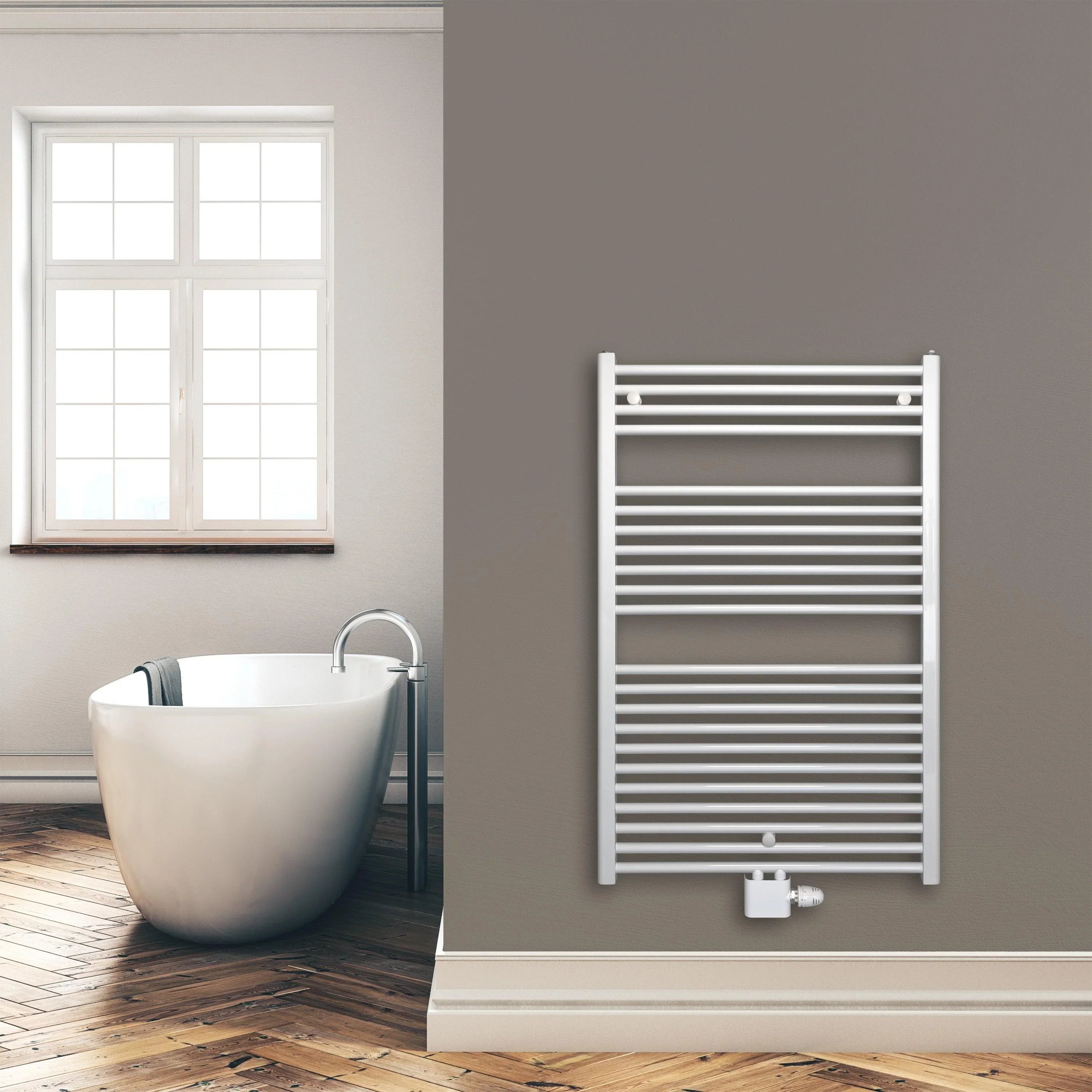 Handtuchheizkörper 1160 x 750 mm mit Mittelanschluss Handtuchhalter Badezimmer Heizung Handtuchwärmer weiß Montagebeispiel - heizkoerper.shop