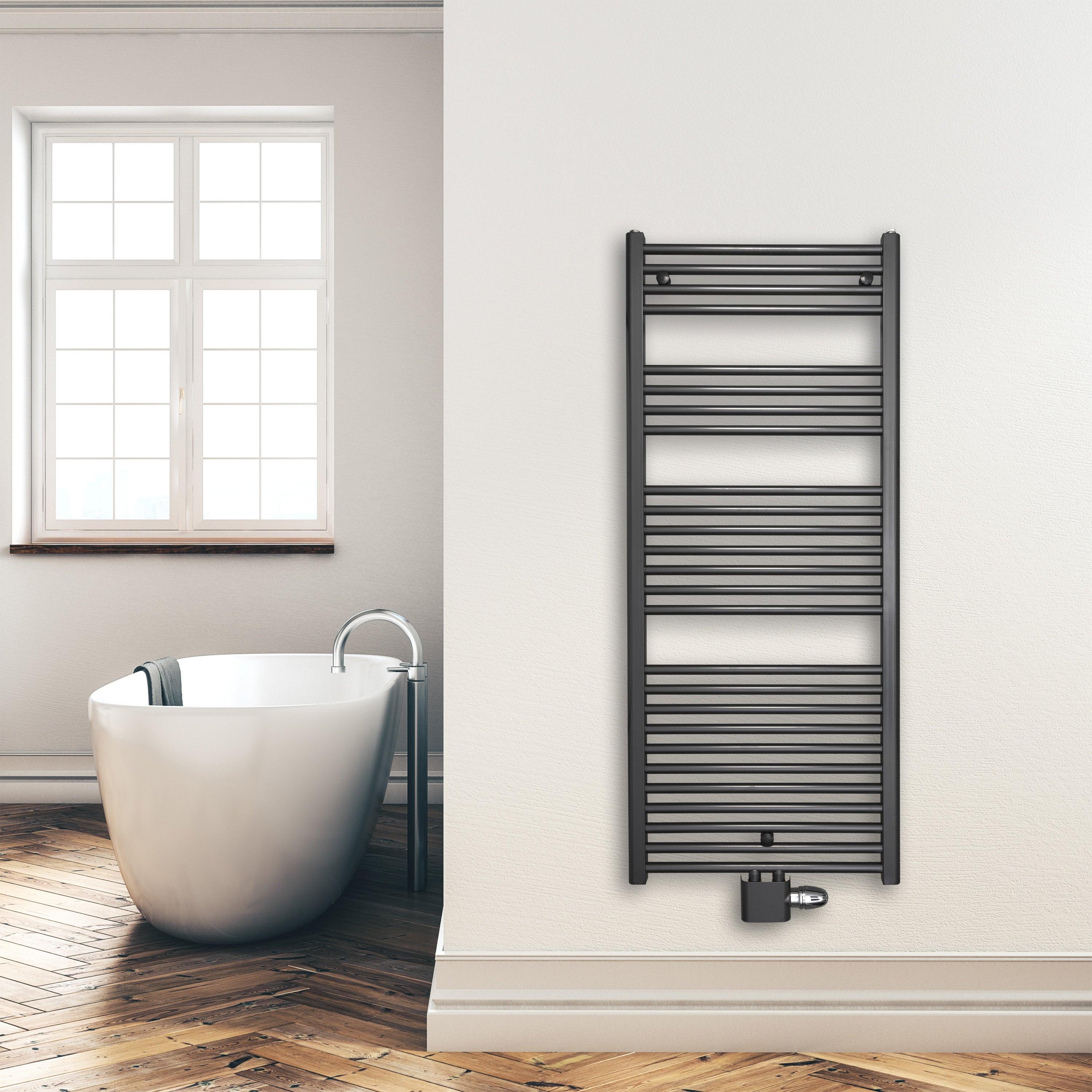 Handtuchheizkörper 1424 x 600 mm mit Mittelanschluss Handtuchhalter Badezimmer Heizung Handtuchwärmer anthrazit Montagebeispiel - heizkoerper.shop