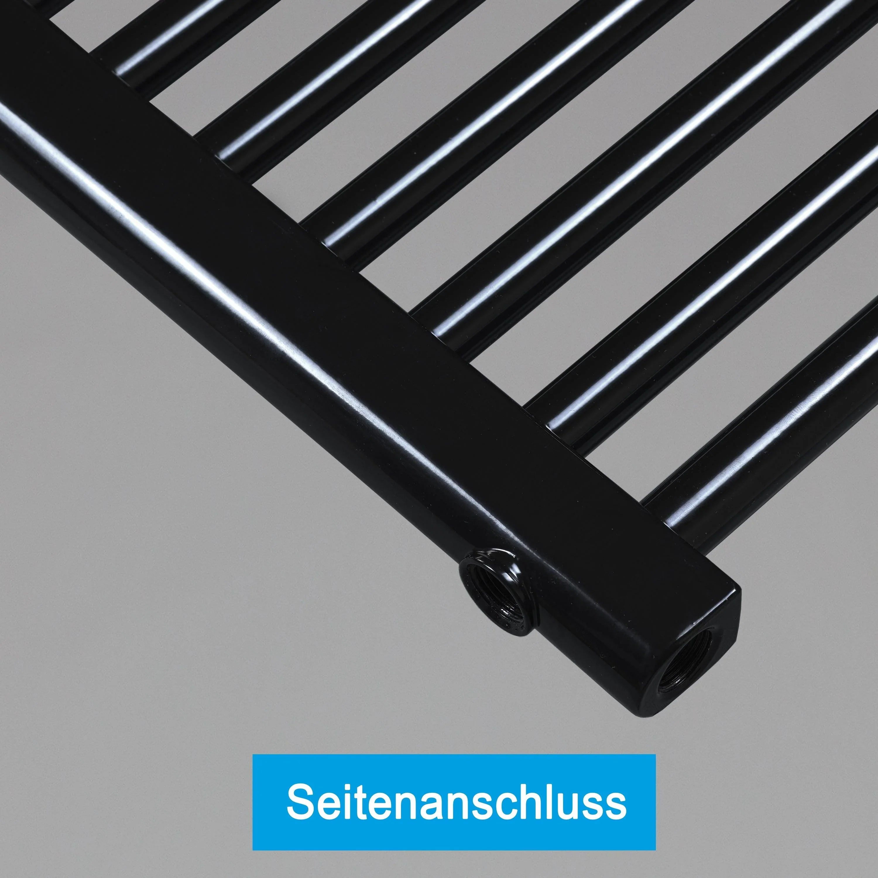 Badheizkörper Austauschheizkörper links rechts Seitenanschluss Nabenanschluss seitlicher Anschluss Renovierung Detailansicht unten schwarz - heizkoerper.shop