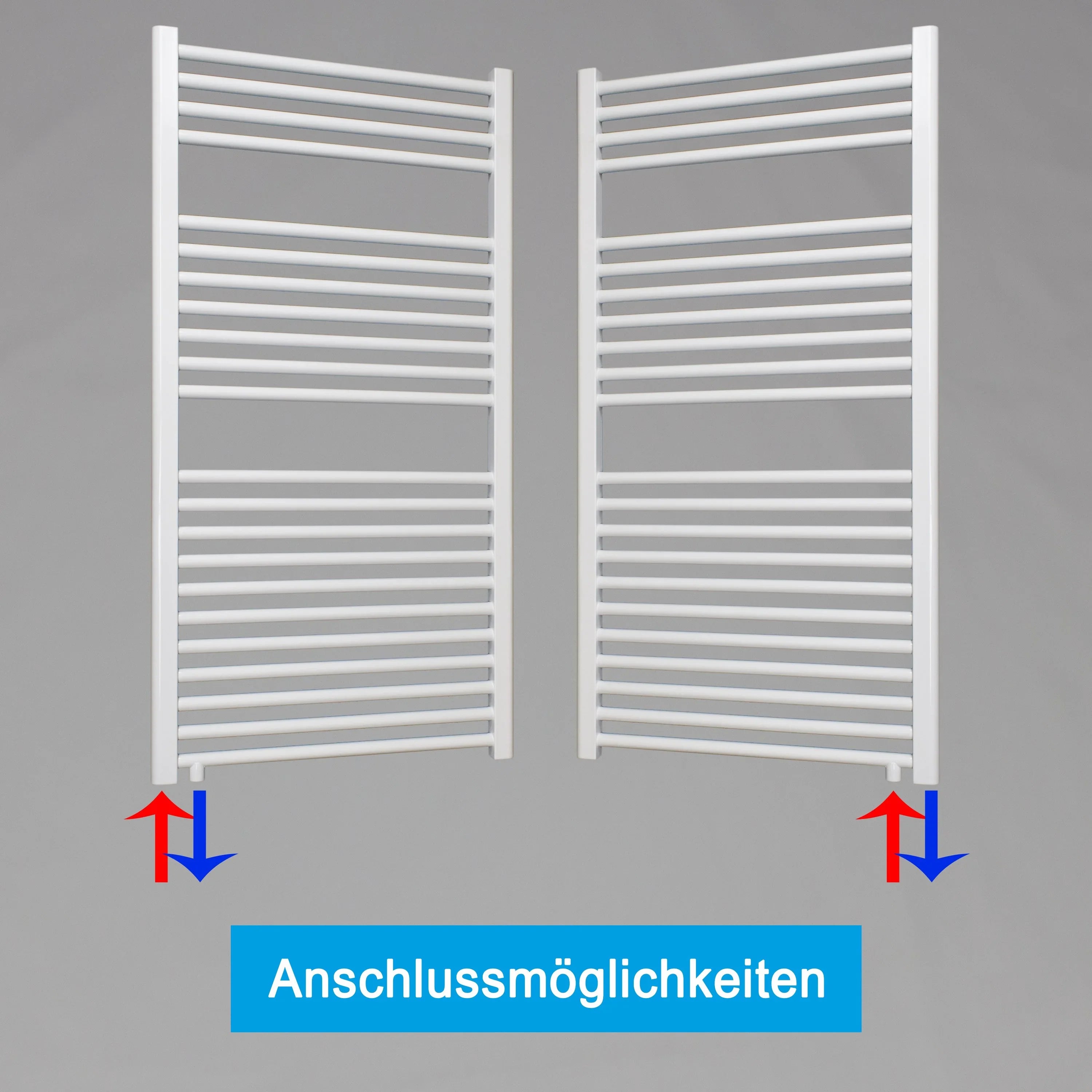 Badheizkörper weiß Handtuchheizkörper 1160 x 600 mit Anschluss links oder rechts | mit versetztem Mittelanschluss Anschlussmöglichkeiten- heizkoerper.shop