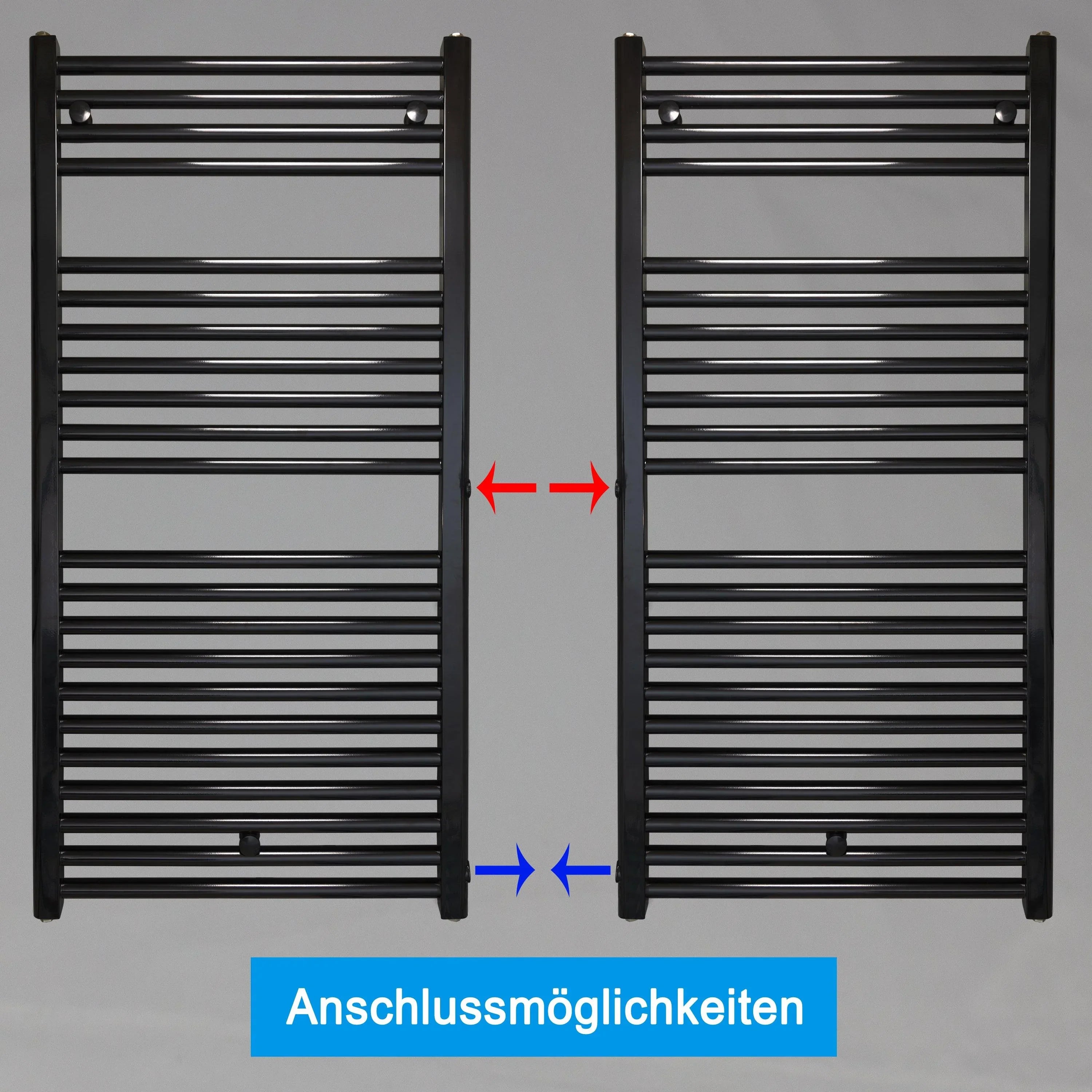 Badheizkörper Austauschheizkörper 1160 x 600 links rechts Seitenanschluss Nabenanschluss seitlicher Anschlussmöglichkeiten 500 540 Renovierung schwarz - heizkoerper.shop