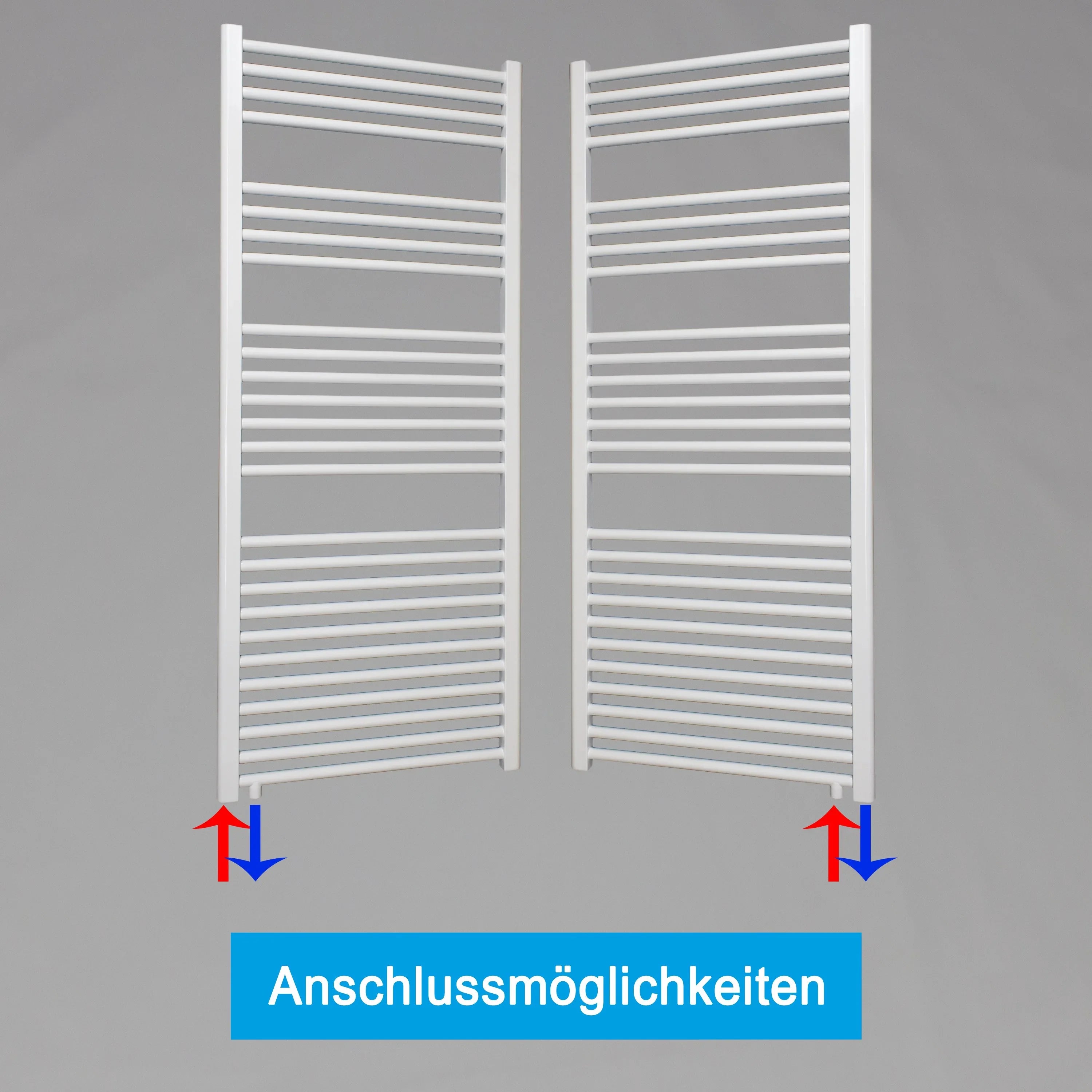 Badheizkörper weiß Handtuchheizkörper 1424 x 600 mit Anschluss links oder rechts | mit versetztem Mittelanschluss Anschlussmöglichkeiten - heizkoerper.shop