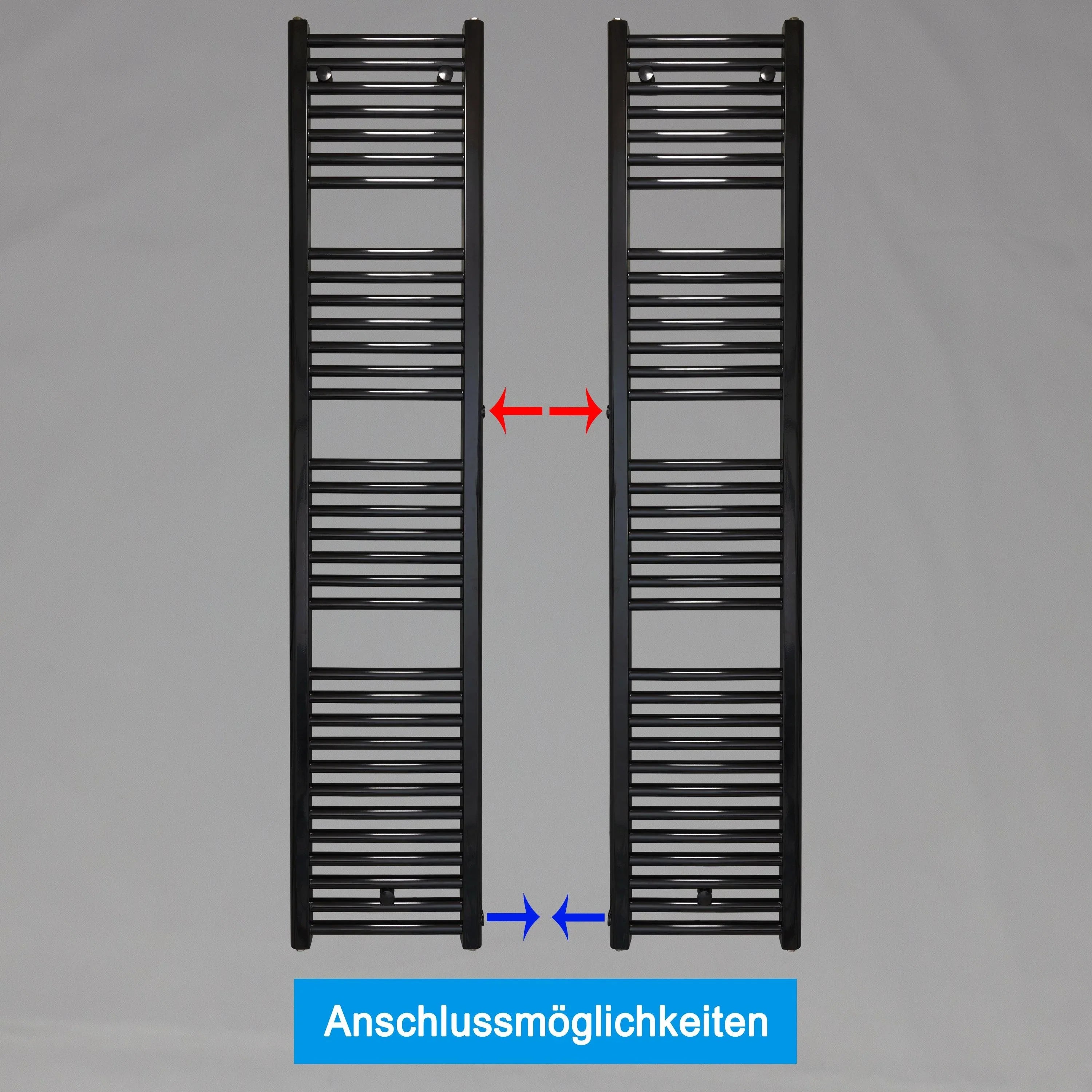 Badheizkörper Austauschheizkörper 1732 x 400 links rechts Seitenanschluss Nabenanschluss seitlicher Anschlussmöglichkeiten 900 940 Renovierung schwarz - heizkoerper.shop