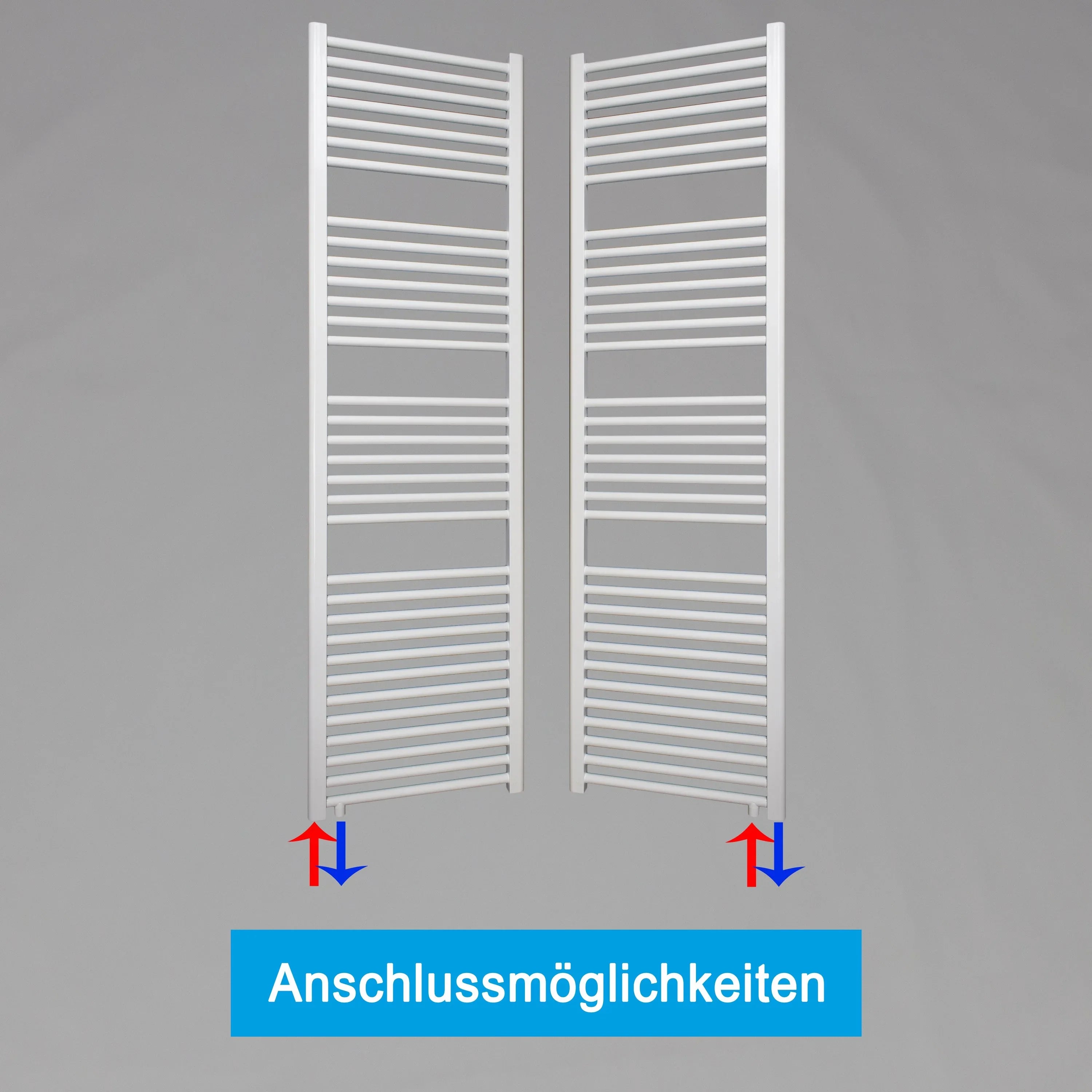 Badheizkörper weiß Handtuchheizkörper 1732 x 600 mit Anschluss links oder rechts | mit versetztem Mittelanschluss Anschlussmöglichkeiten - heizkoerper.shop