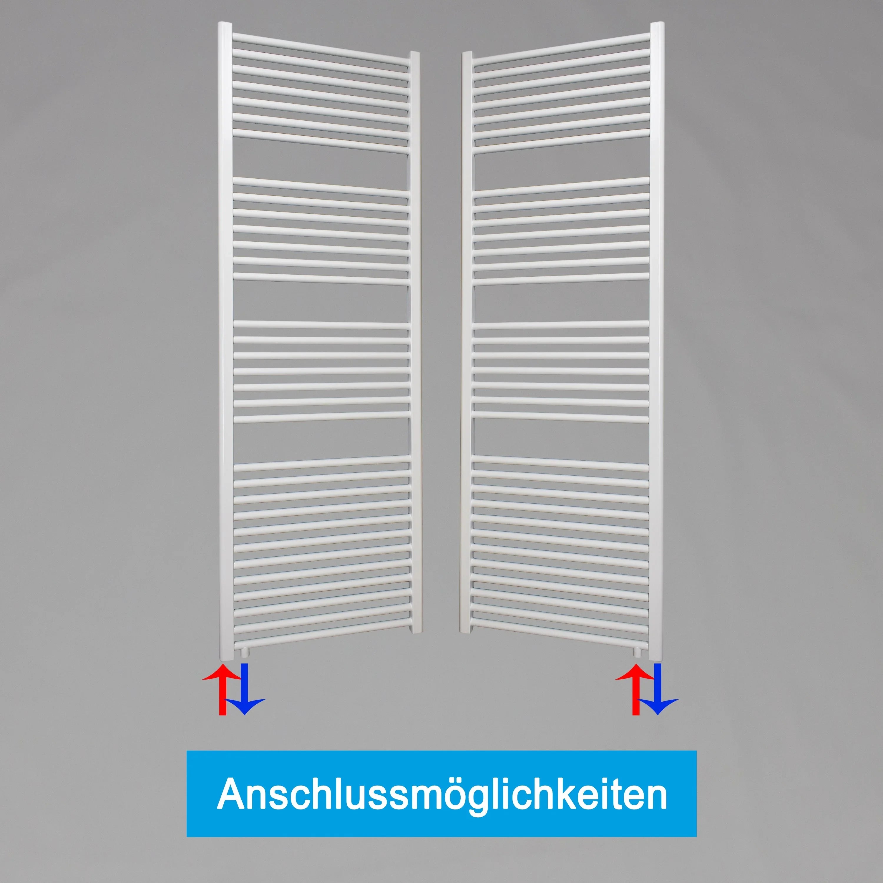 Badheizkörper weiß Handtuchheizkörper 1732 x 600 mit Anschluss links oder rechts | mit versetztem Mittelanschluss Anschlussmöglichkeiten - heizkoerper.shop
