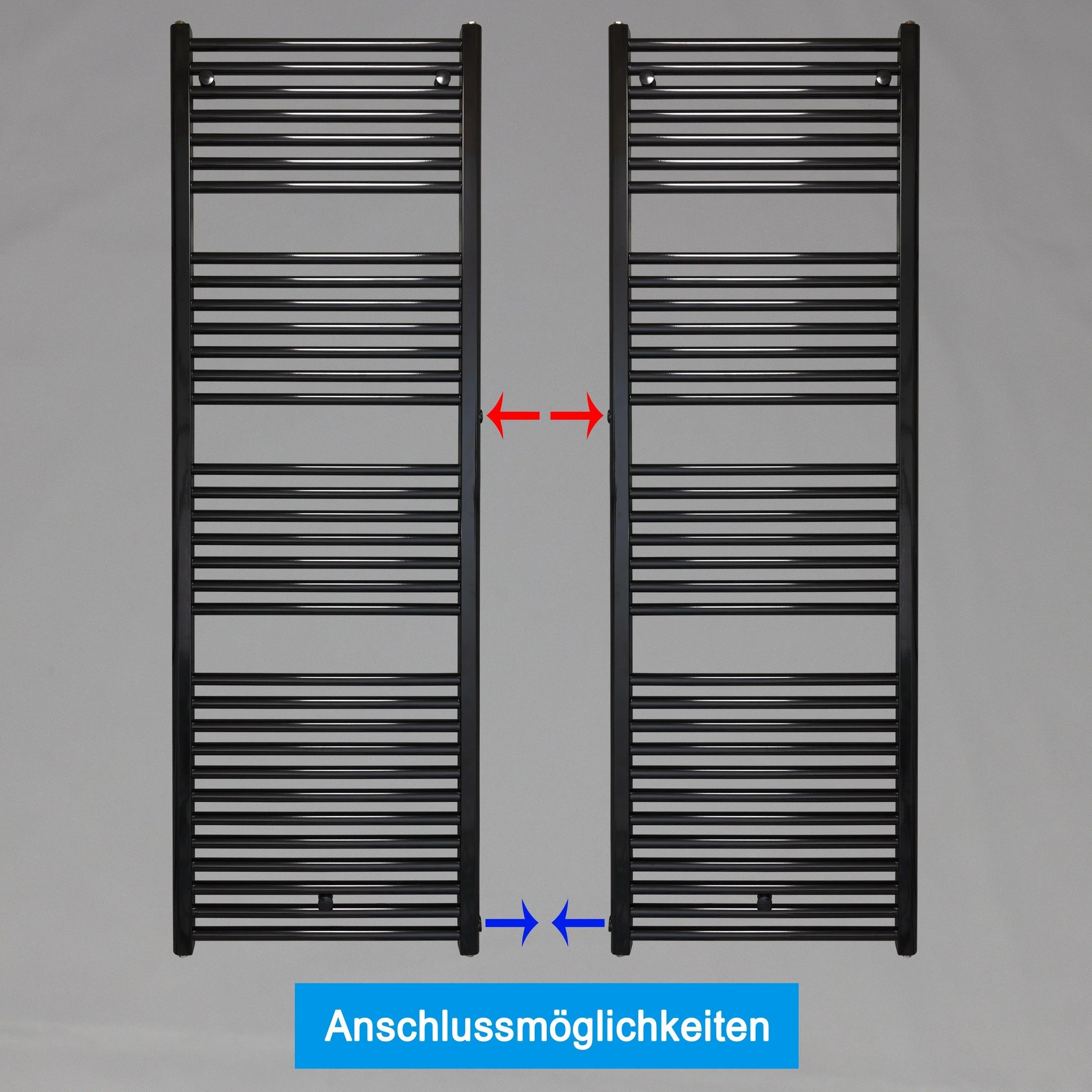 Handtuchheizkörper Austauschheizkörper 1732 x 600 links rechts Seitenanschluss Nabenanschluss seitlicher Anschlussmöglichkeiten 900 940 Renovierung schwarz - heizkoerper.shop