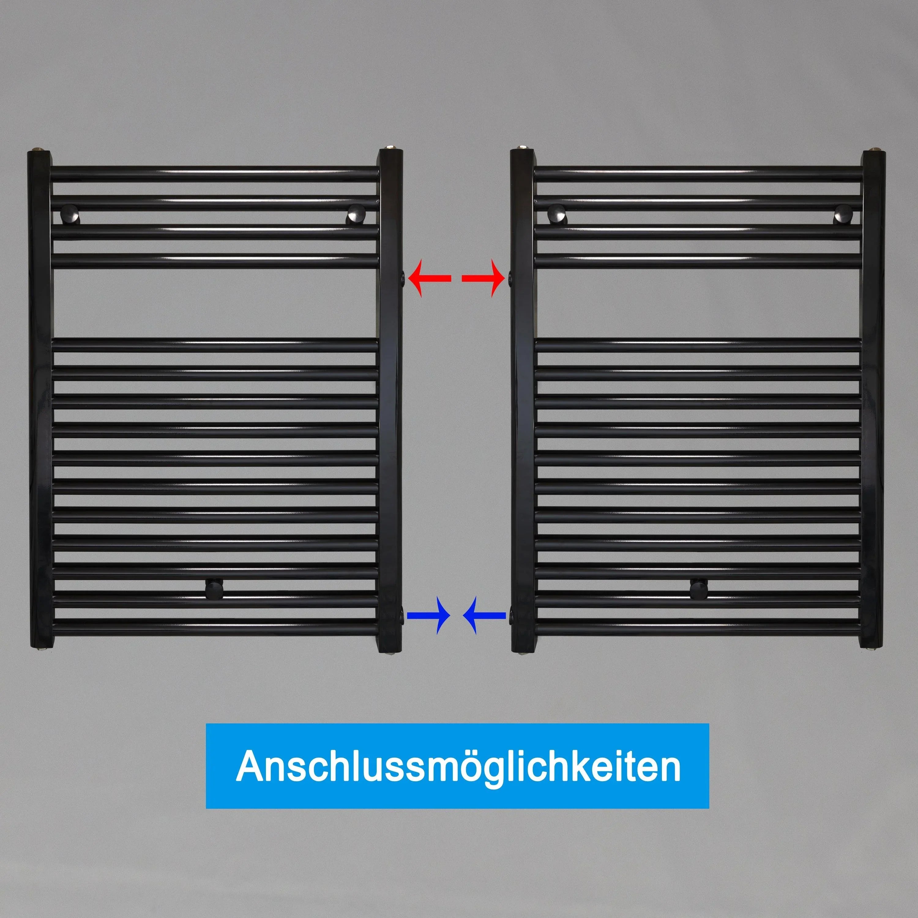 Badheizkörper Austauschheizkörper 764 x 600 links rechts Seitenanschluss Nabenanschluss seitlicher Anschlussmöglichkeiten 500 540 Renovierung schwarz - heizkoerper.shop