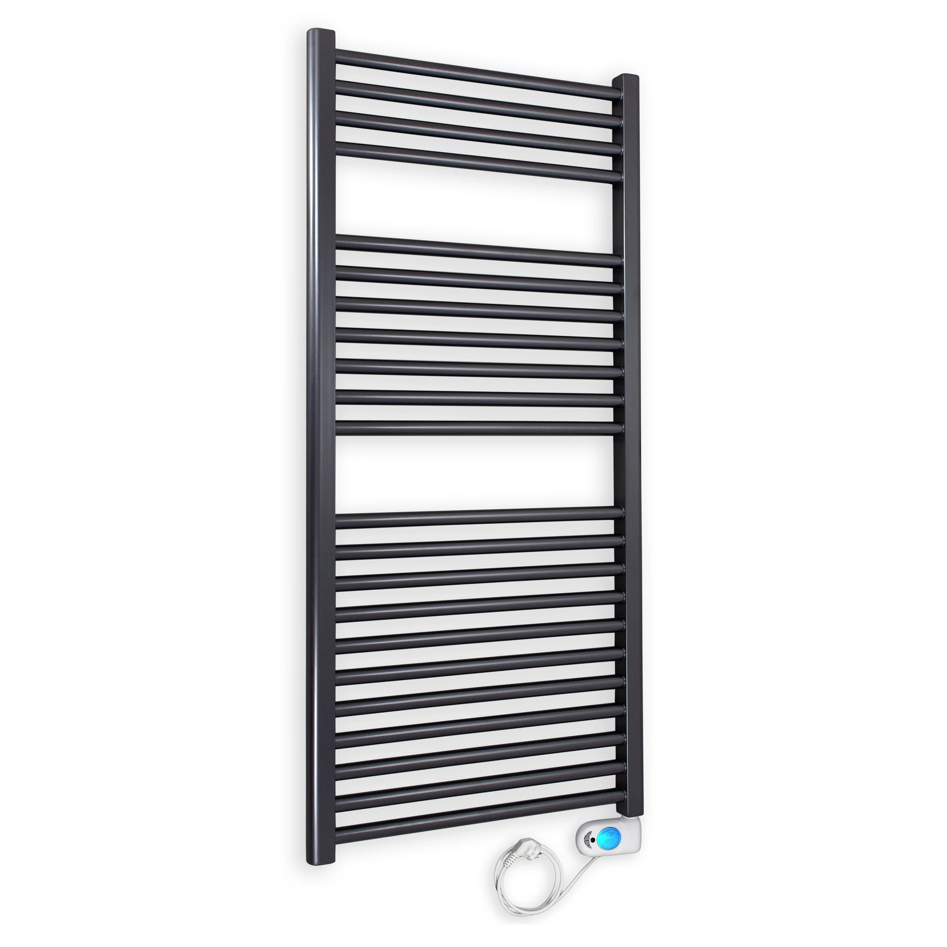 Badheizkörper gerade mit digitalem Thermotimer 1160 x 600 anthrazit Elektroheizkörper Handtuchwärmer elektrischer Handtuchhalter - heizkoerper.shop