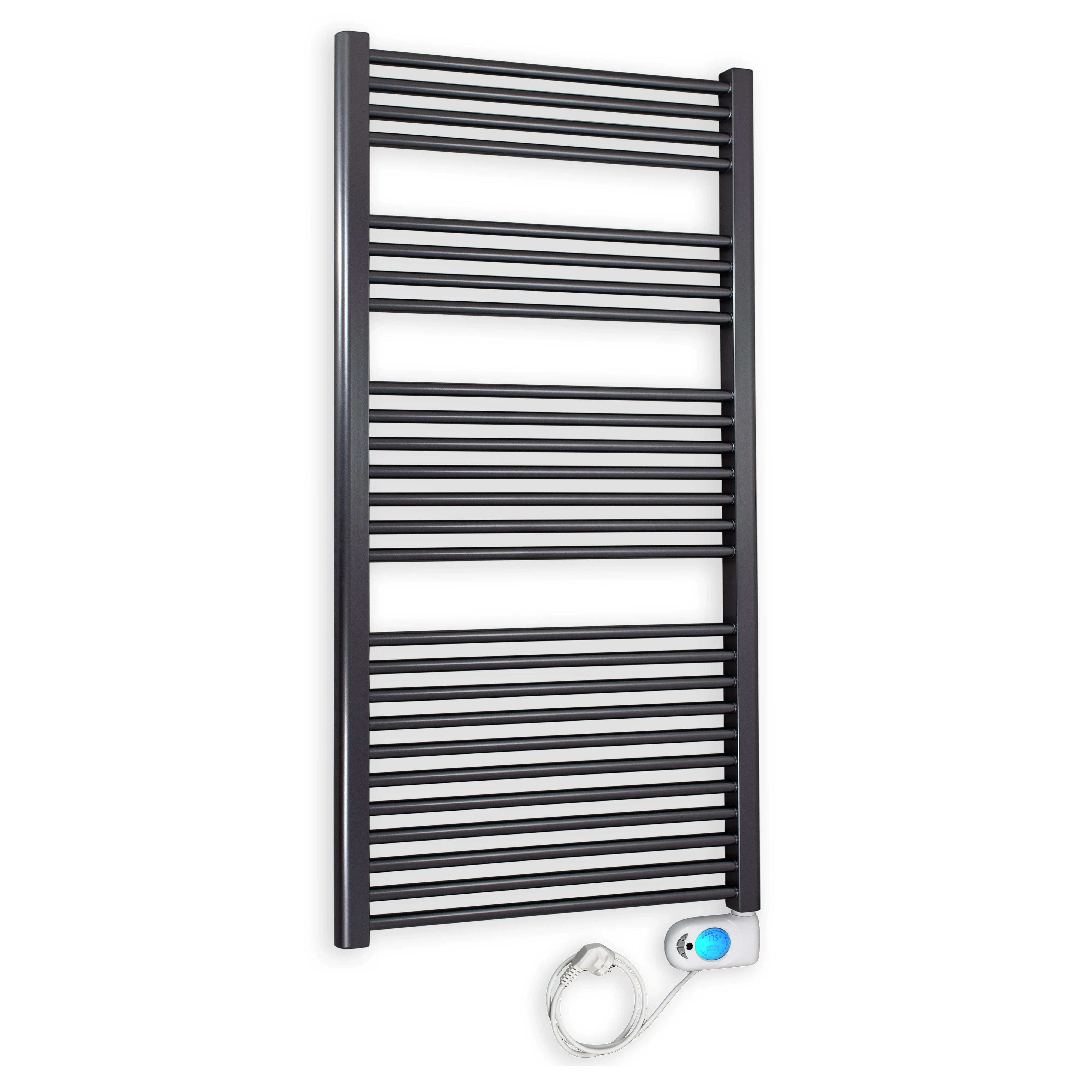Badheizkörper gerade mit digitalem Thermotimer 1424 x 600 anthrazit Elektroheizkörper Handtuchwärmer elektrischer Handtuchhalter - heizkoerper.shop