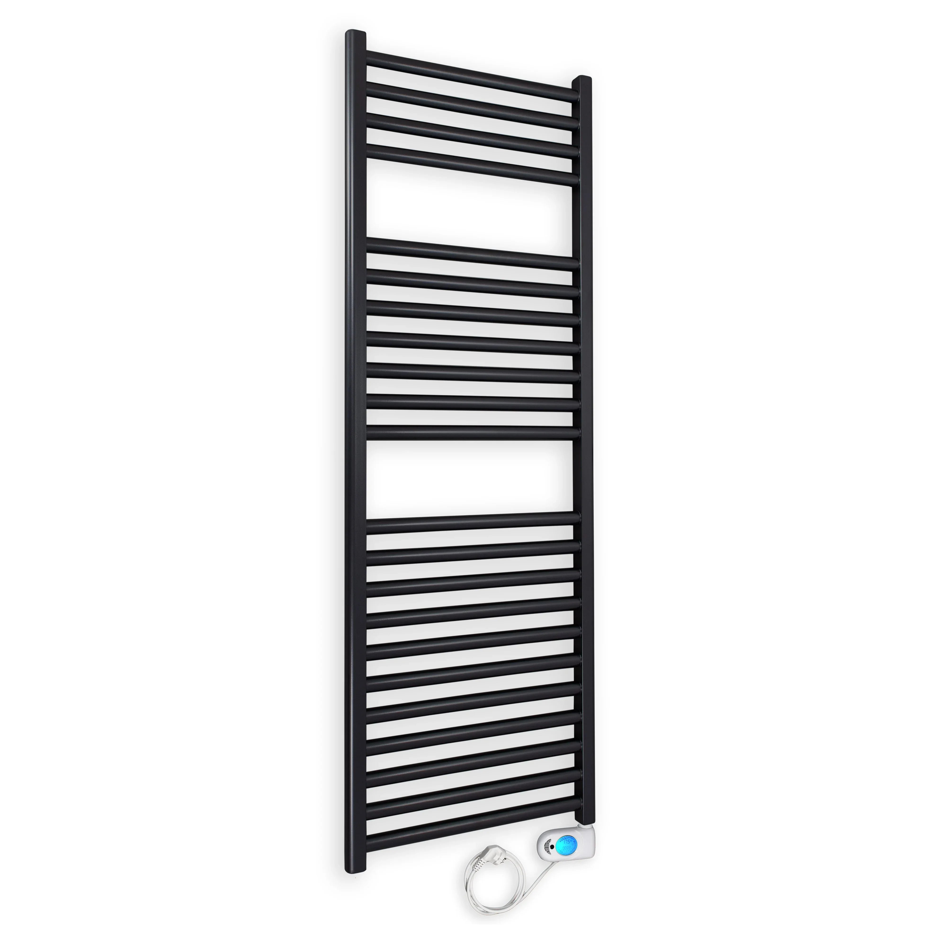 Badheizkörper gerade mit digitalem Thermotimer 1160 x 400 schwarz Elektroheizkörper Handtuchwärmer elektrischer Handtuchhalter - heizkoerper.shop