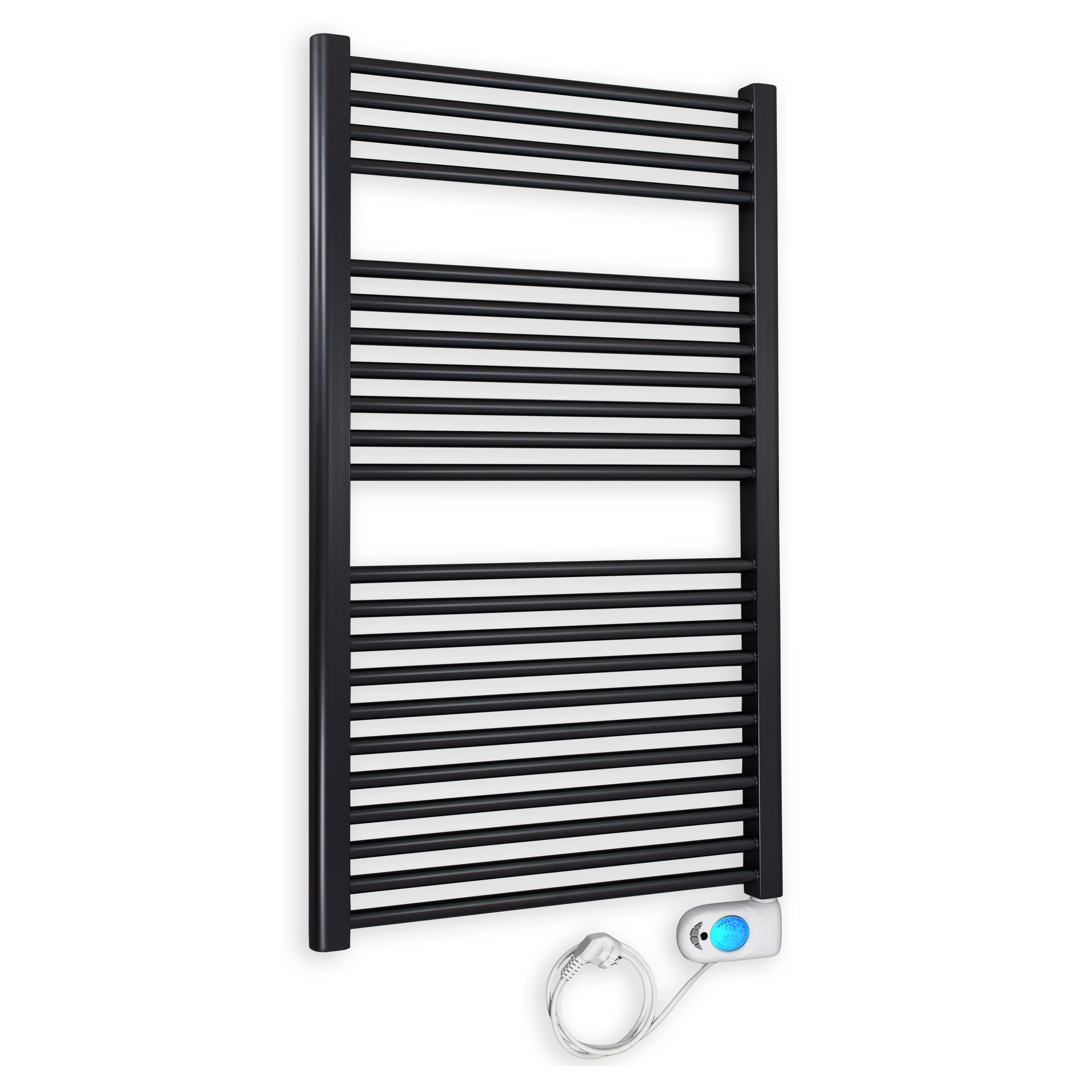 Badheizkörper gerade mit digitalem Thermotimer 1160 x 750 schwarz Elektroheizkörper Handtuchwärmer elektrischer Handtuchhalter - heizkoerper.shop
