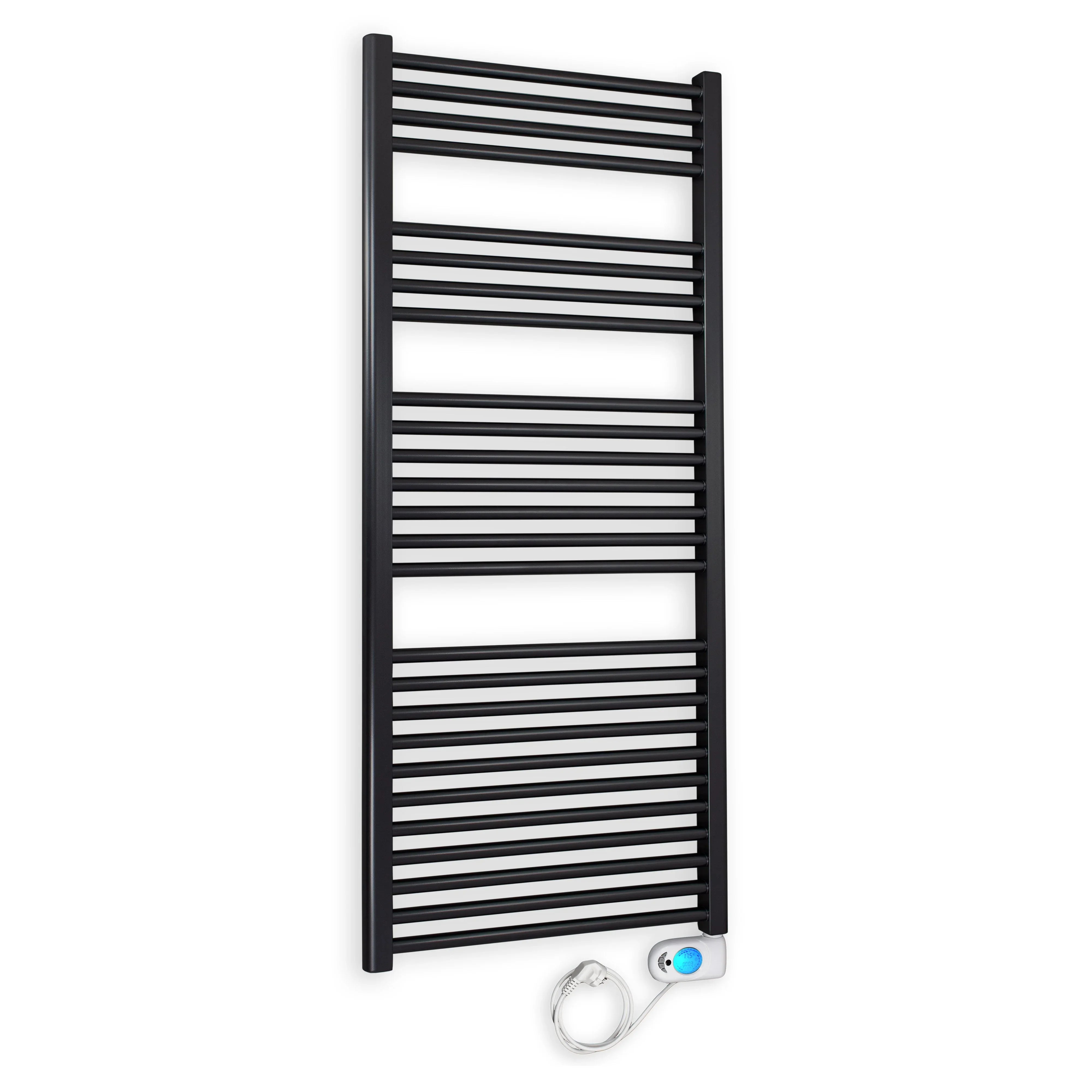 Badheizkörper gerade mit digitalem Thermotimer 1424 x 500 schwarz Elektroheizkörper Handtuchwärmer elektrischer Handtuchhalter - heizkoerper.shop