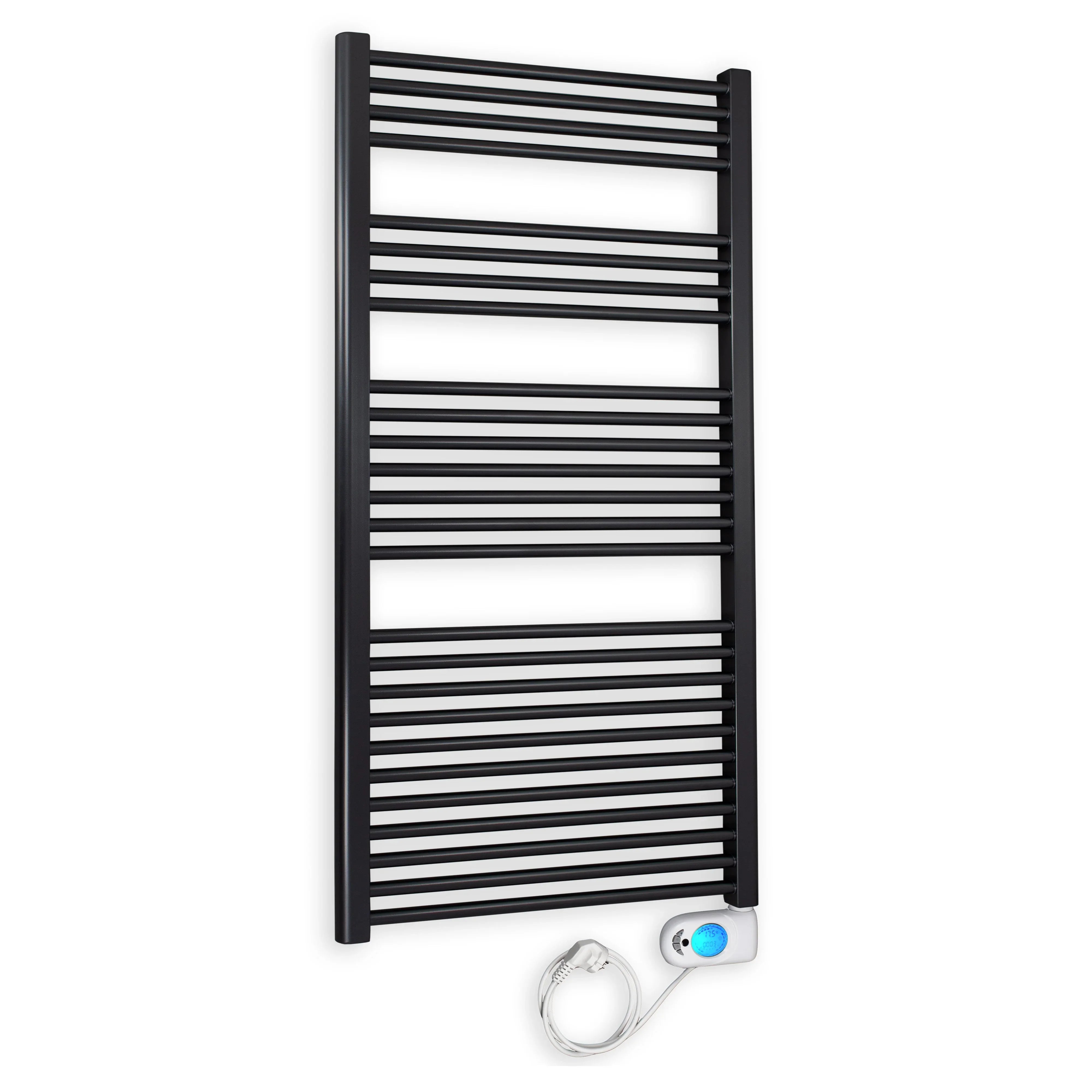 Badheizkörper gerade mit digitalem Thermotimer 1424 x 600 schwarz Elektroheizkörper Handtuchwärmer elektrischer Handtuchhalter - heizkoerper.shop