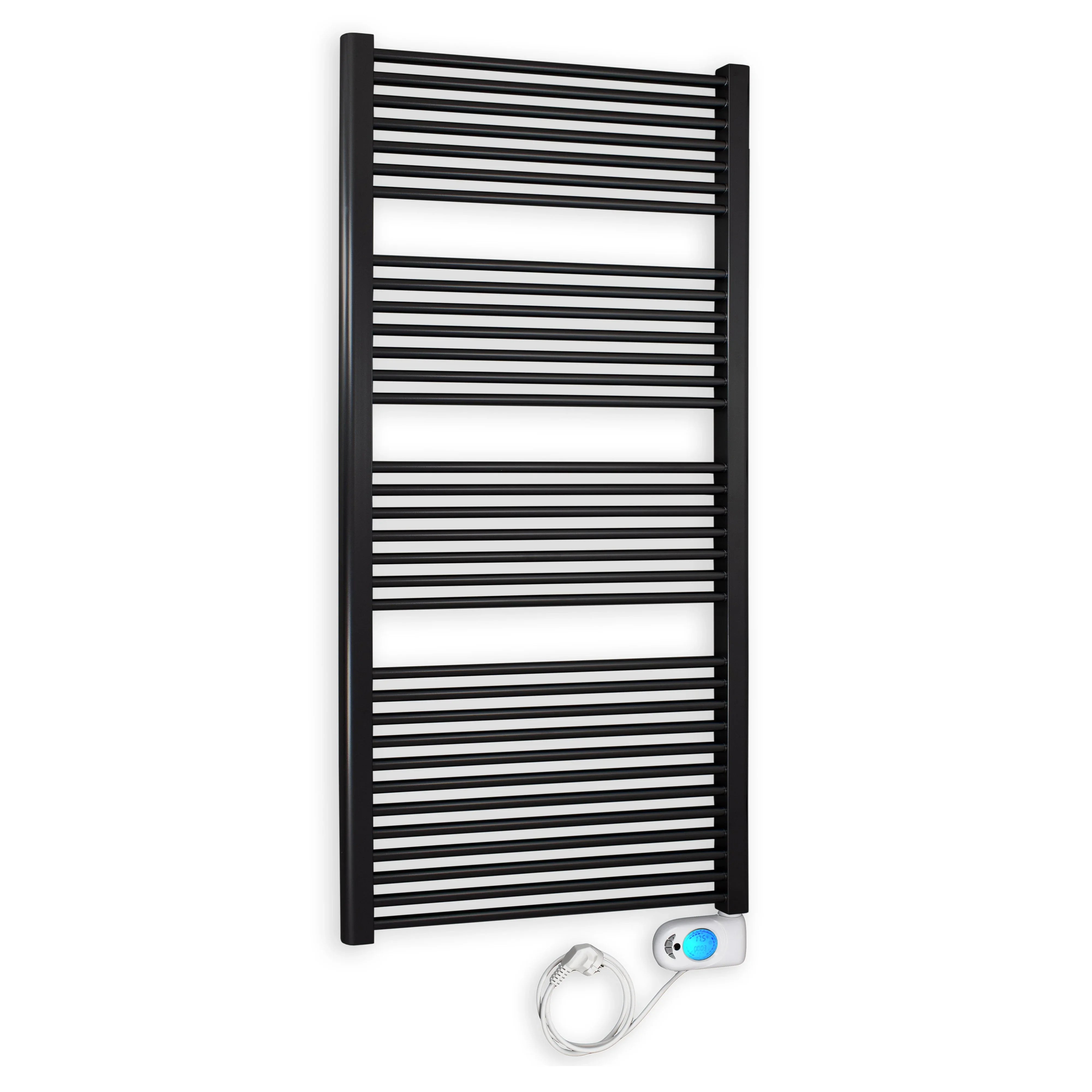 Badheizkörper gerade mit digitalem Thermotimer 1732 x 600 schwarz Elektroheizkörper Handtuchwärmer elektrischer Handtuchhalter - heizkoerper.shop