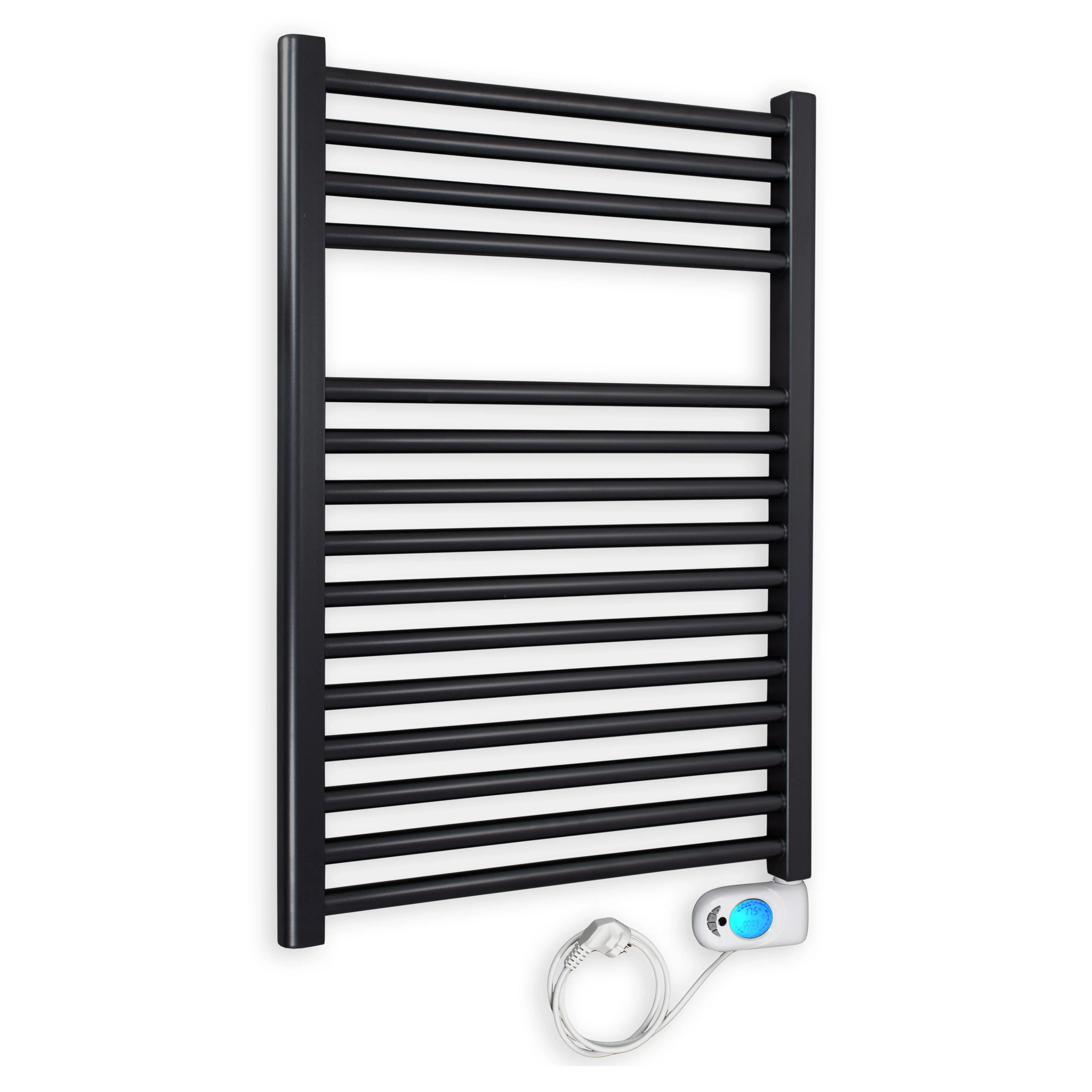 Badheizkörper gerade mit digitalem Thermotimer 764 x 600 schwarz Elektroheizkörper Handtuchwärmer elektrischer Handtuchhalter - heizkoerper.shop