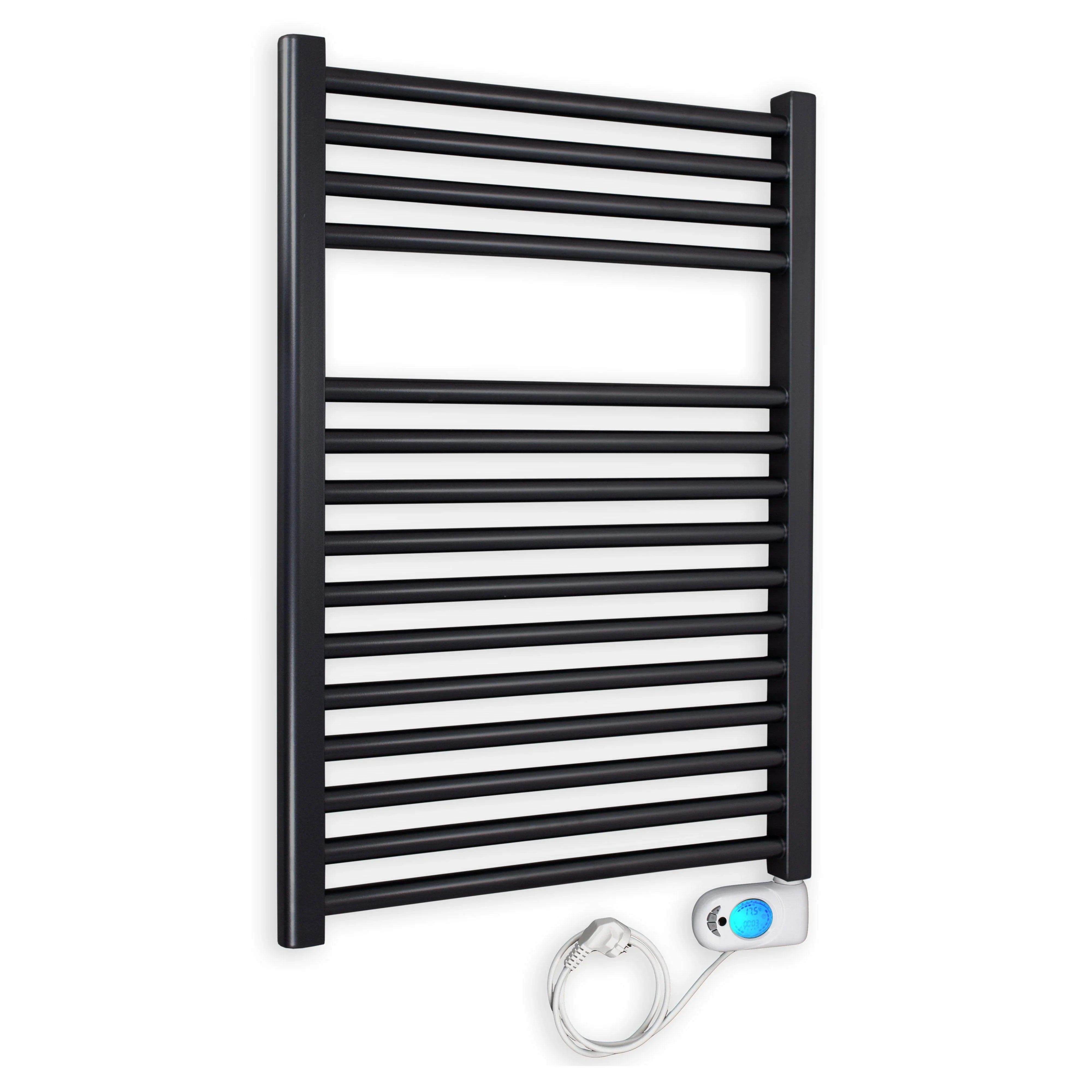 Badheizkörper gerade mit digitalem Thermotimer 764 x 600 schwarz Elektroheizkörper Handtuchwärmer elektrischer Handtuchhalter - heizkoerper.shop