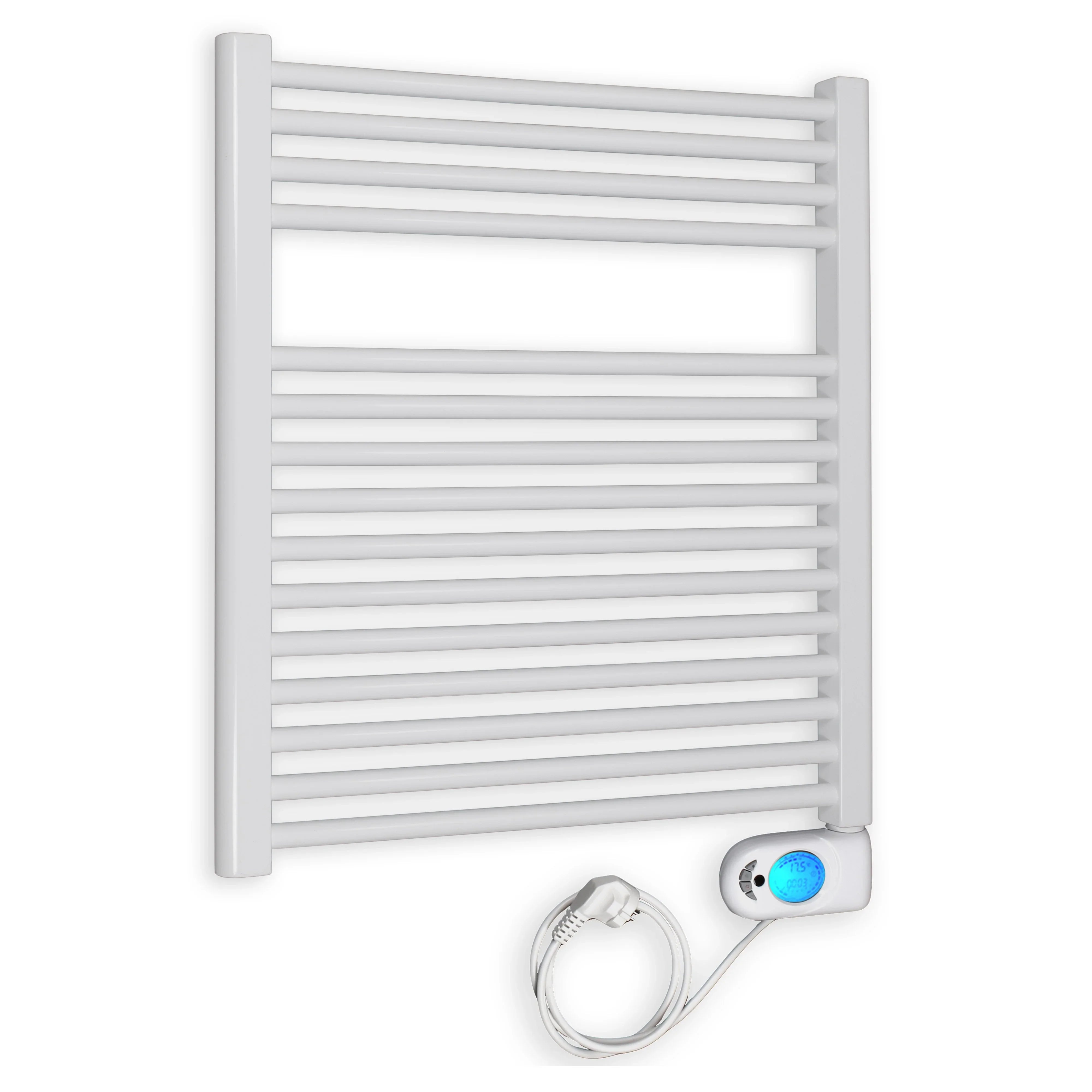 Badheizkörper gerade mit digitalem Thermotimer 764 x 750 weiß Elektroheizkörper Handtuchwärmer elektrischer Handtuchhalter - heizkoerper.shop