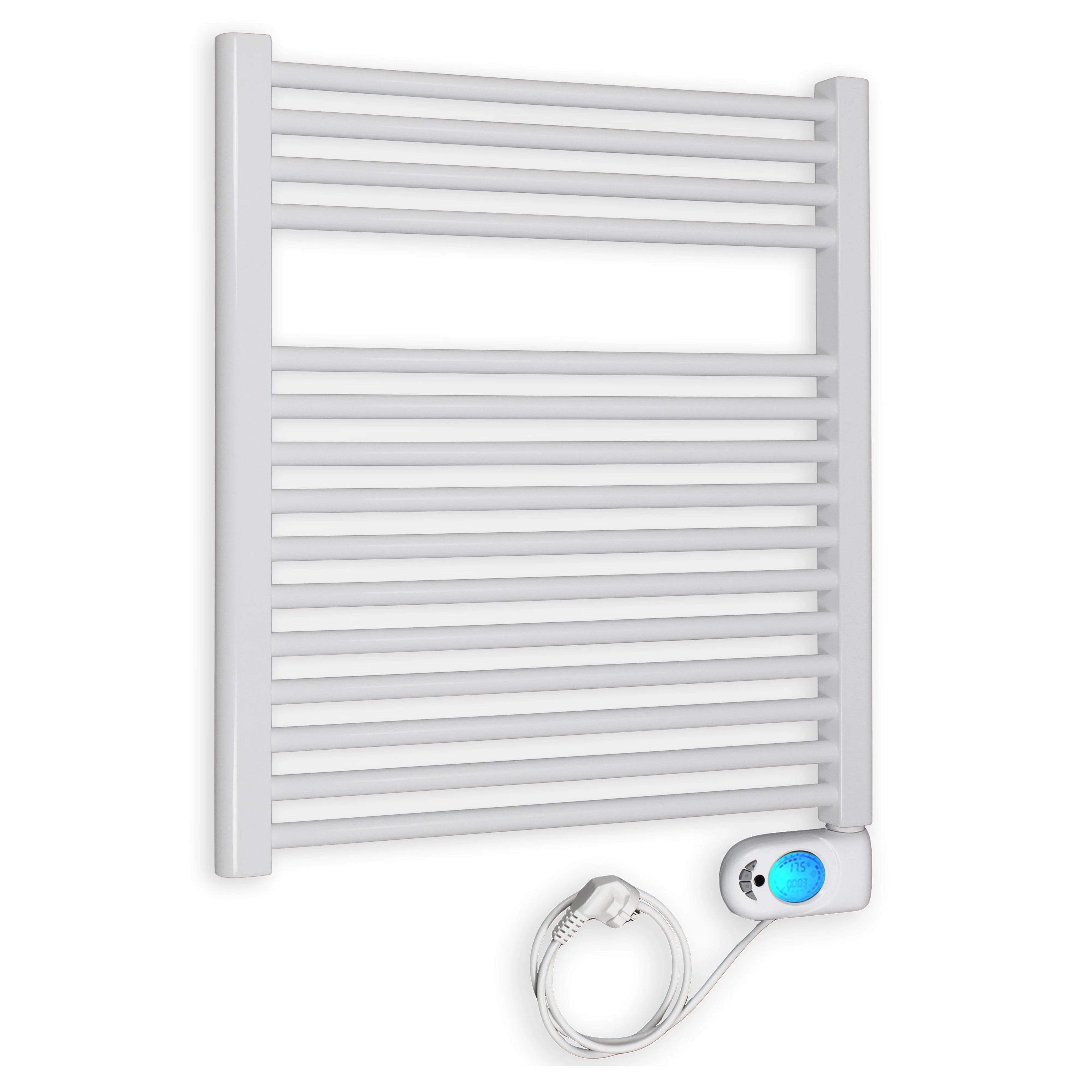 Badheizkörper gerade mit digitalem Thermotimer 764 x 750 weiß Elektroheizkörper Handtuchwärmer elektrischer Handtuchhalter - heizkoerper.shop