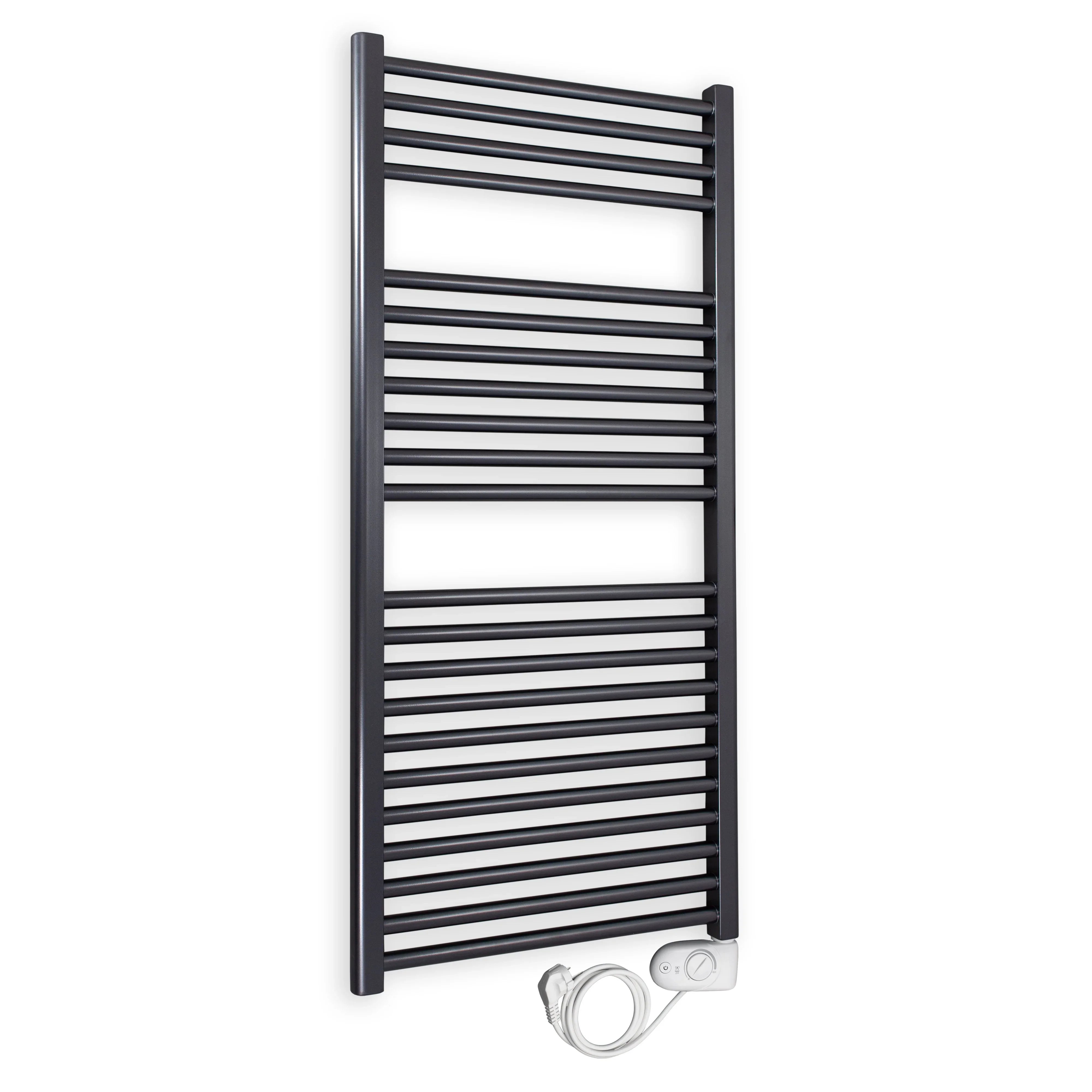 Badheizkörper gerade mit analogem Thermostat 1160 x 600 anthrazit Elektroheizkörper Handtuchwärmer elektrischer Handtuchhalter - heizkoerper.shop