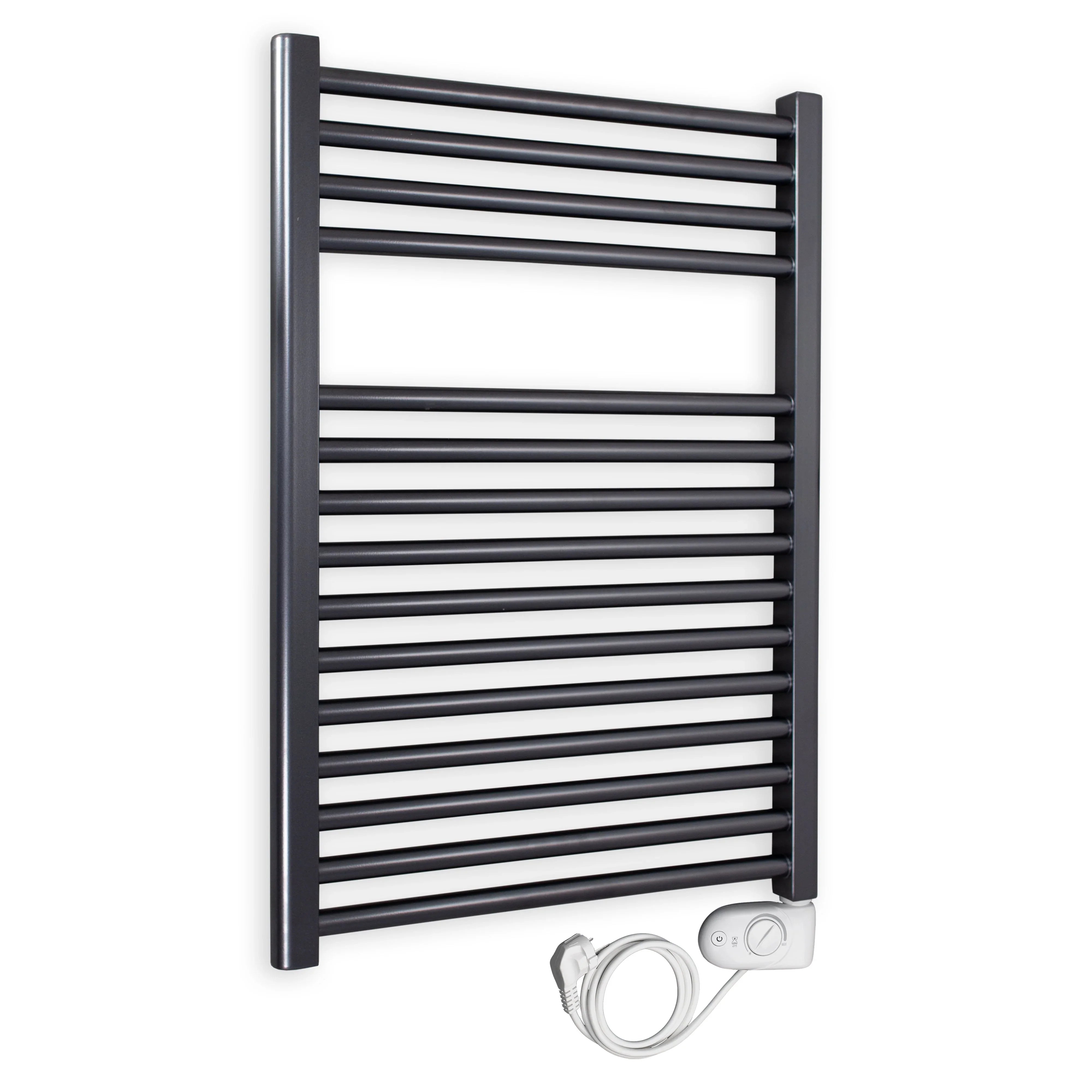 Badheizkörper gerade mit analogem Thermostat 764 x 600 anthrazit Elektroheizkörper Handtuchwärmer elektrischer Handtuchhalter - heizkoerper.shop