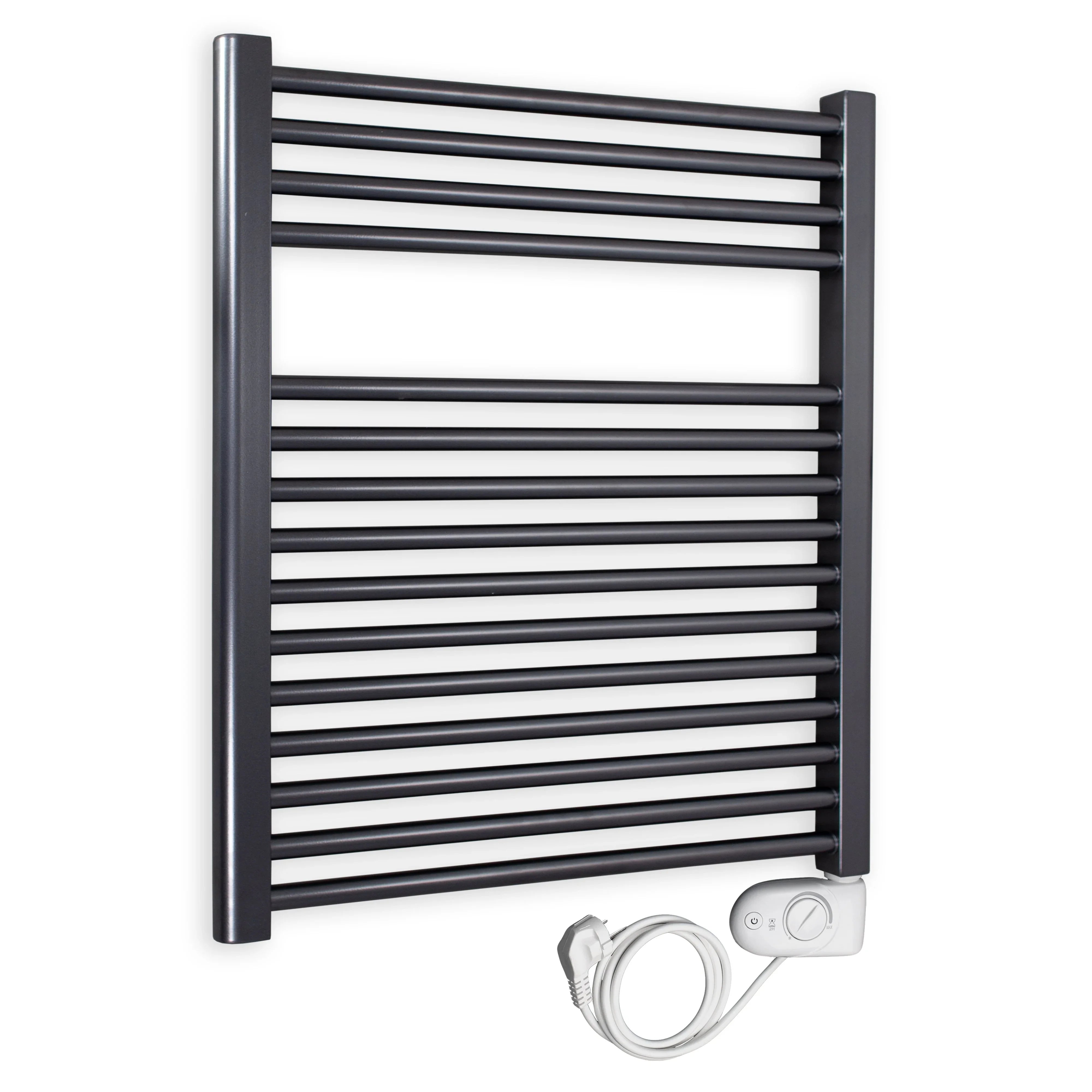Badheizkörper gerade mit analogem Thermostat 764 x 750 anthrazit Elektroheizkörper Handtuchwärmer elektrischer Handtuchhalter - heizkoerper.shop