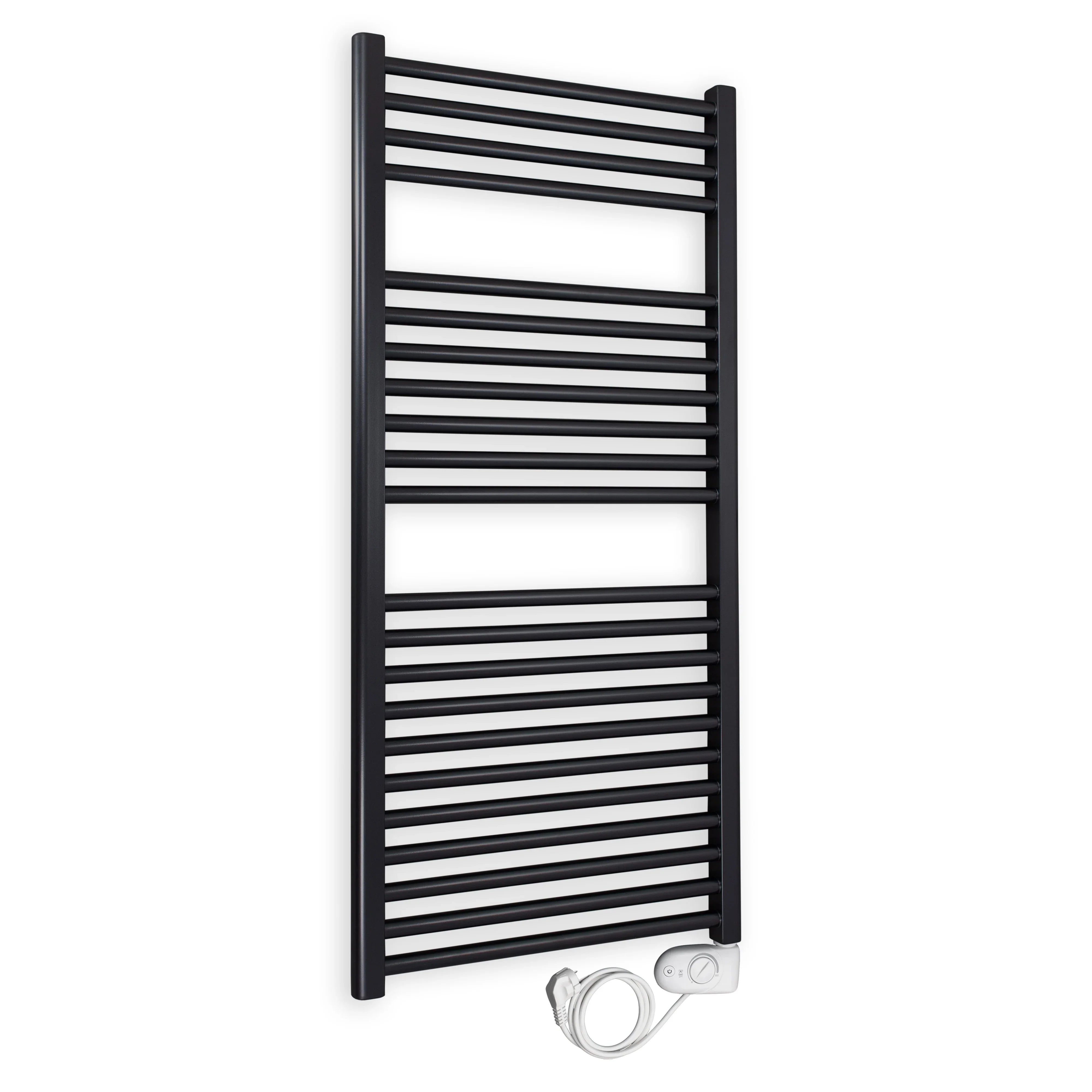 Badheizkörper gerade mit analogem Thermostat 1160 x 600 schwarz Elektroheizkörper Handtuchwärmer elektrischer Handtuchhalter - heizkoerper.shop