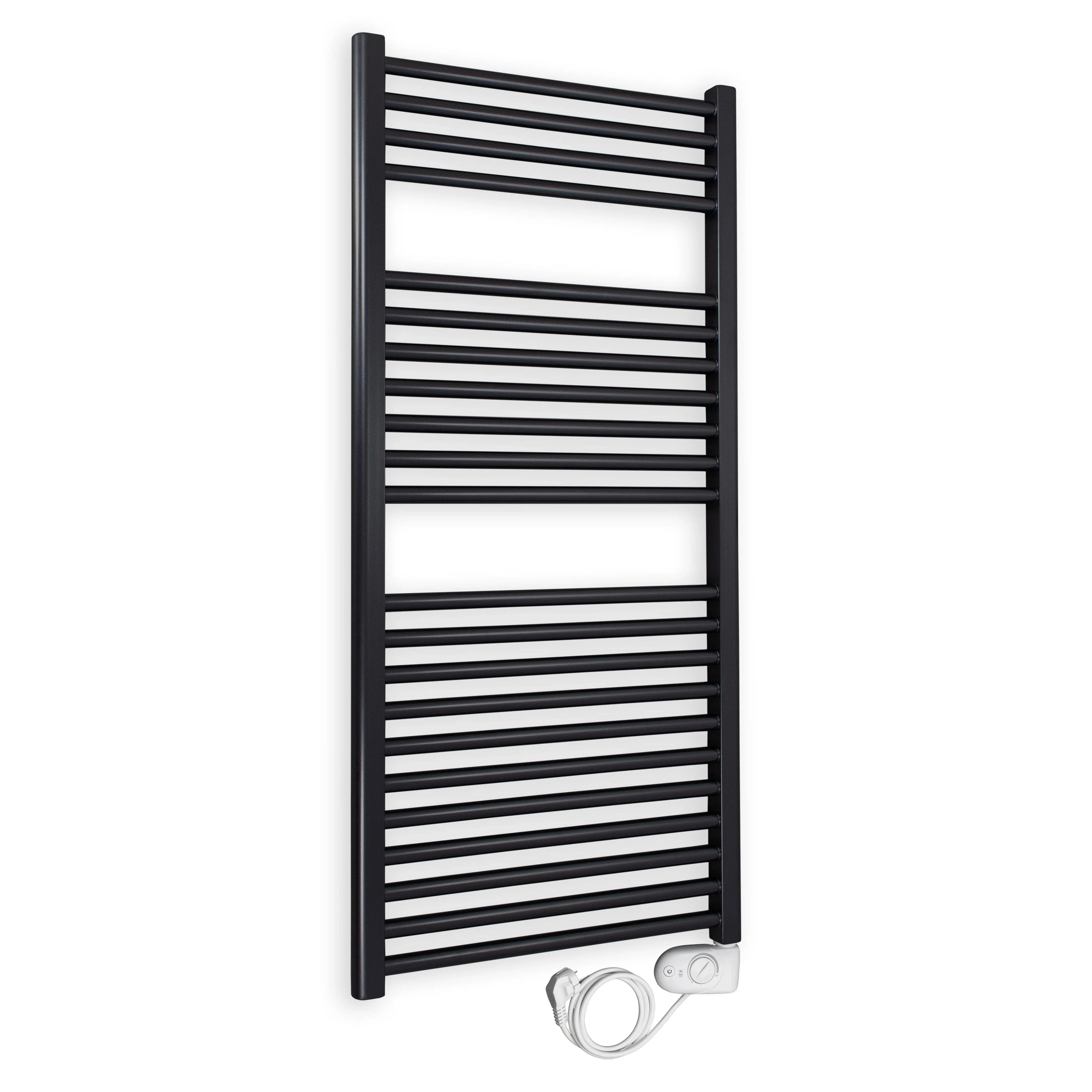 Badheizkörper gerade mit analogem Thermostat 1160 x 600 schwarz Elektroheizkörper Handtuchwärmer elektrischer Handtuchhalter - heizkoerper.shop