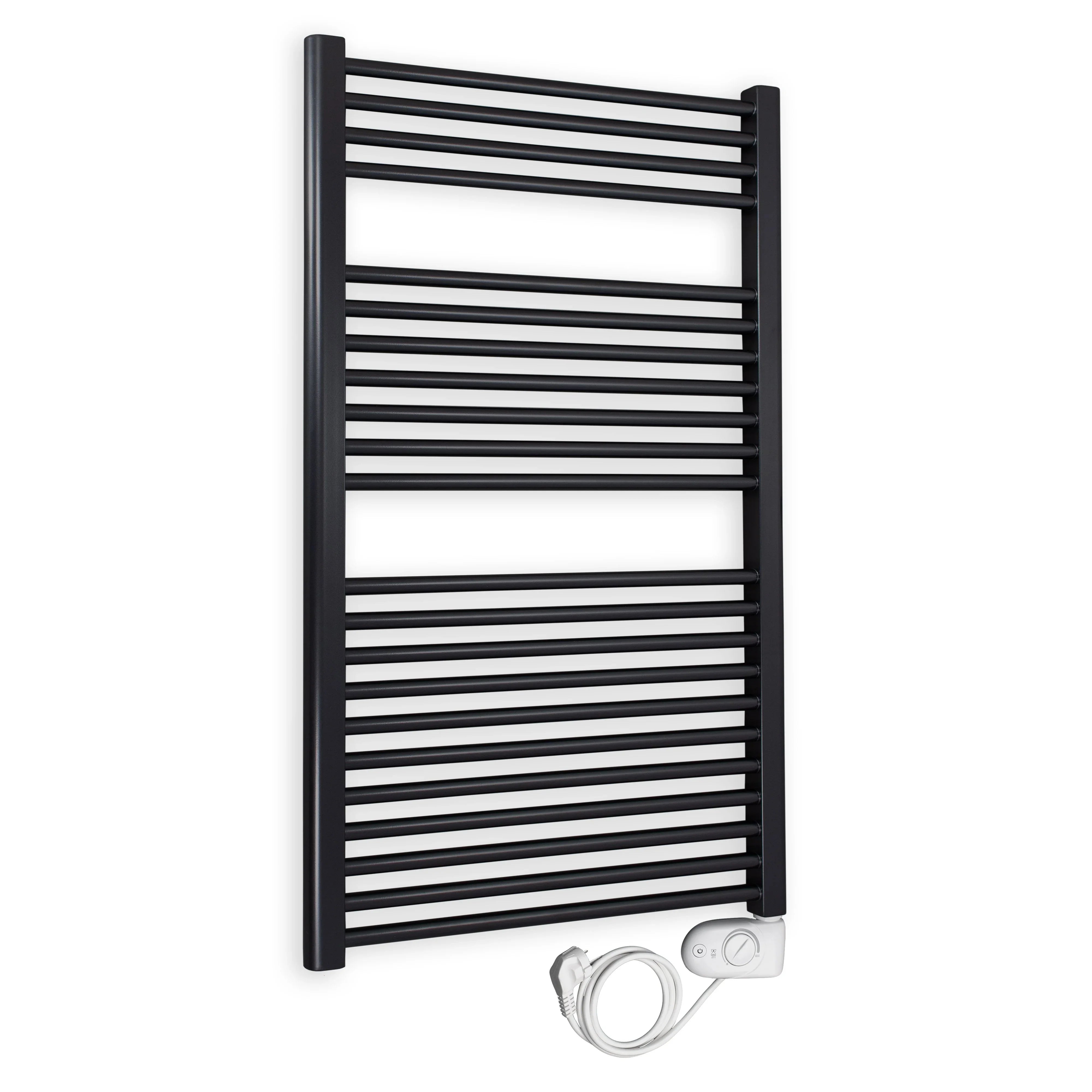Badheizkörper gerade mit analogem Thermostat 1160 x 750 schwarz Elektroheizkörper Handtuchwärmer elektrischer Handtuchhalter - heizkoerper.shop