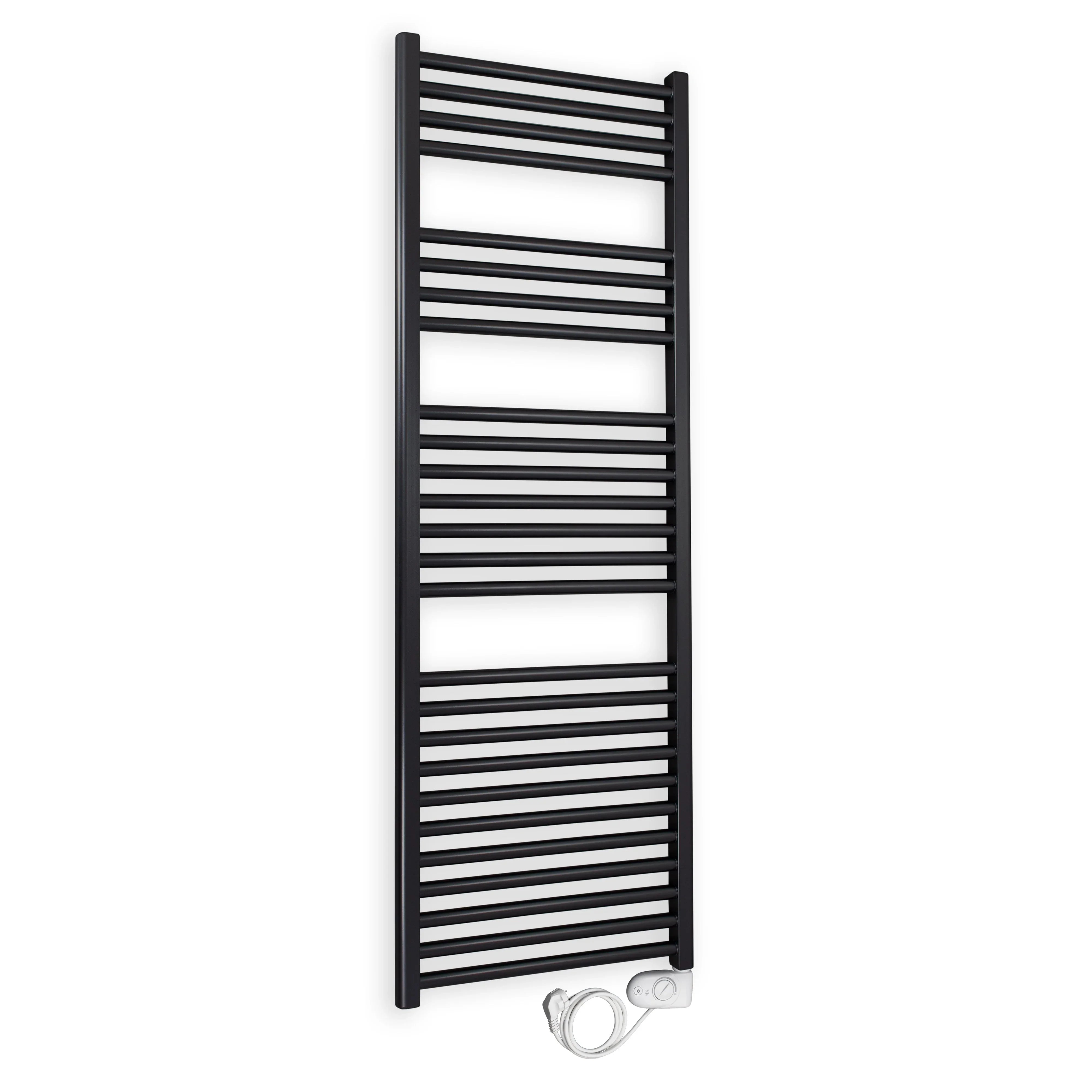 Badheizkörper gerade mit analogem Thermostat 1424 x 400 schwarz Elektroheizkörper Handtuchwärmer elektrischer Handtuchhalter - heizkoerper.shop