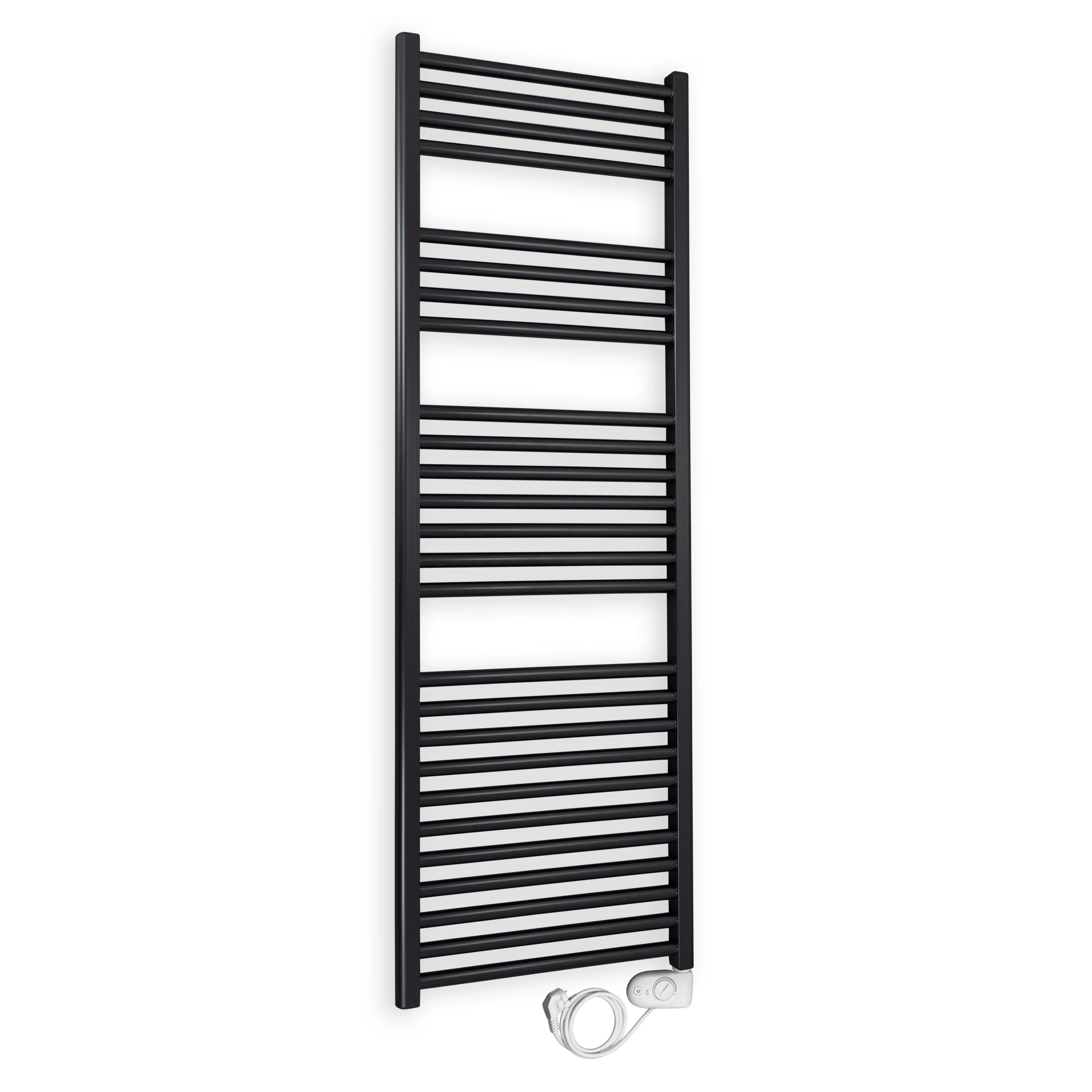 Badheizkörper gerade mit analogem Thermostat 1424 x 400 schwarz Elektroheizkörper Handtuchwärmer elektrischer Handtuchhalter - heizkoerper.shop