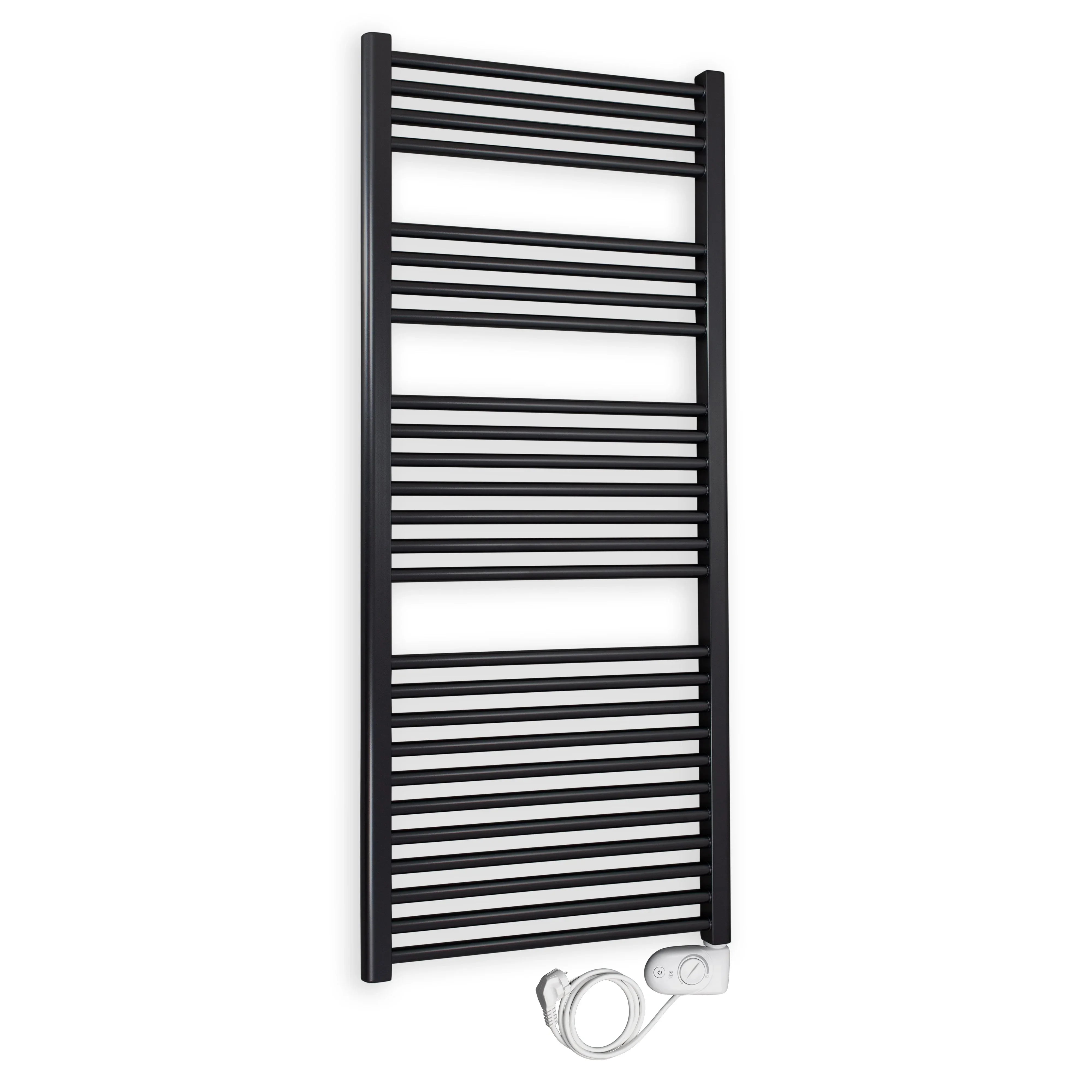 Badheizkörper gerade mit analogem Thermostat 1424 x 500 schwarz Elektroheizkörper Handtuchwärmer elektrischer Handtuchhalter - heizkoerper.shop