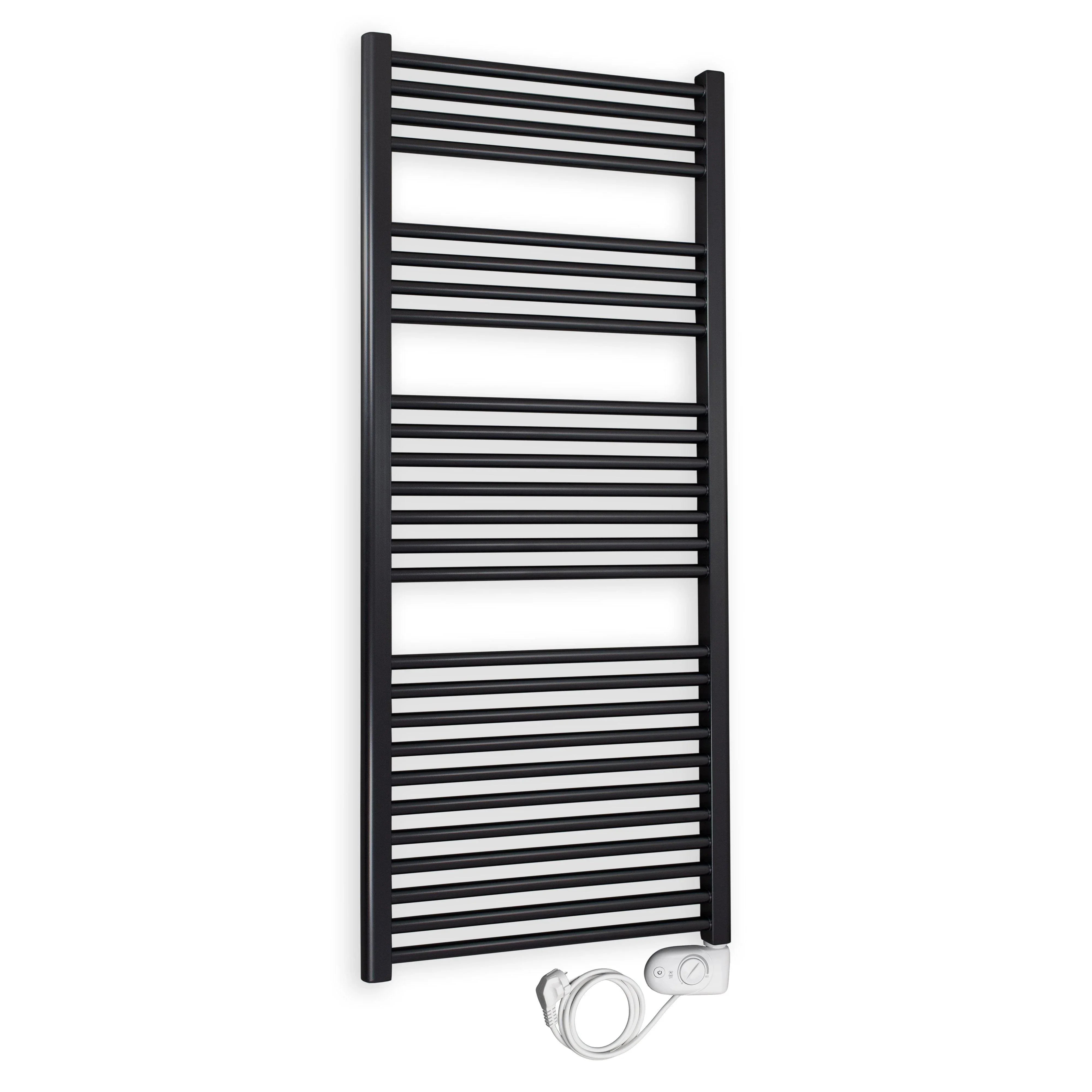 Badheizkörper gerade mit analogem Thermostat 1424 x 500 schwarz Elektroheizkörper Handtuchwärmer elektrischer Handtuchhalter - heizkoerper.shop