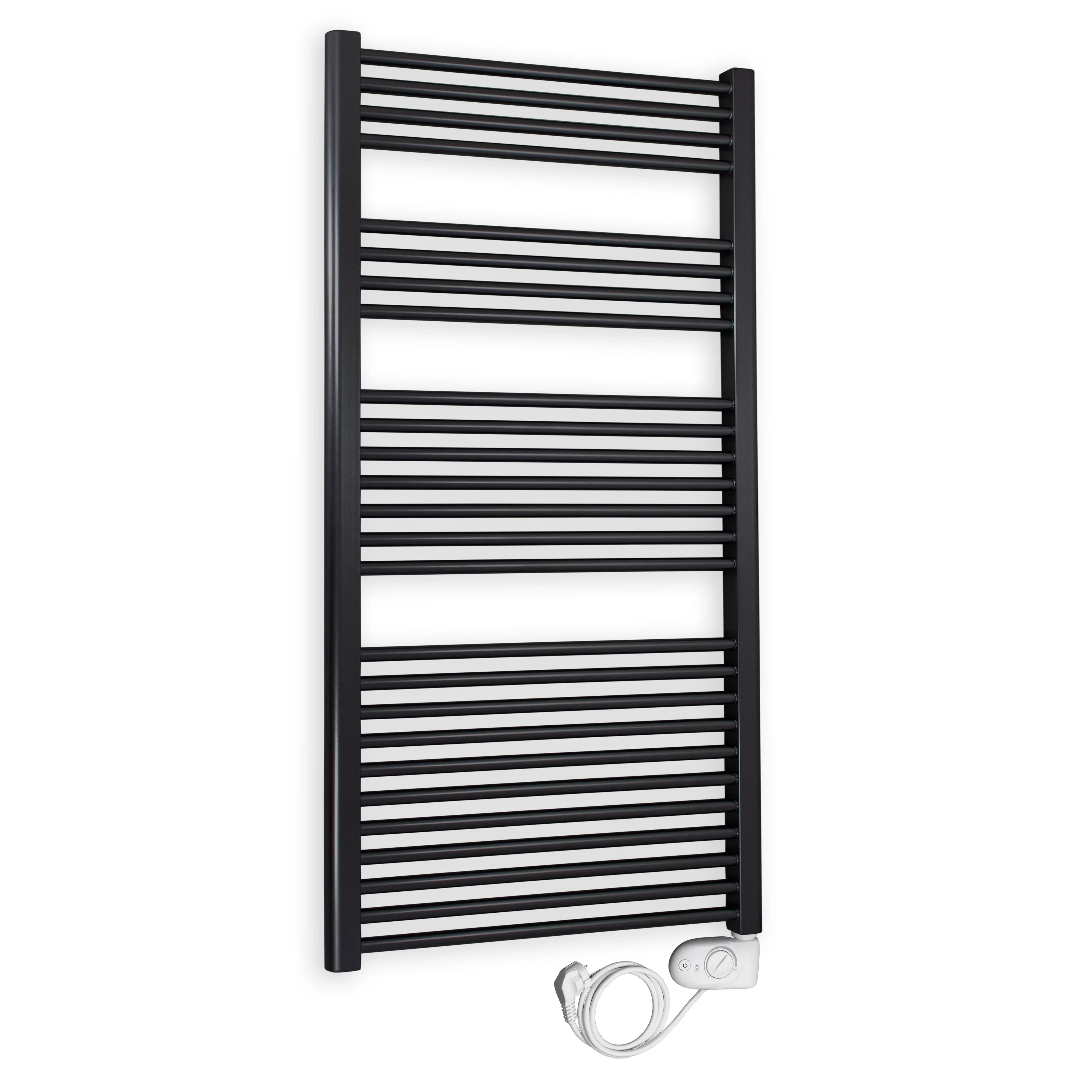 Badheizkörper gerade mit analogem Thermostat 1424 x 600 schwarz Elektroheizkörper Handtuchwärmer elektrischer Handtuchhalter - heizkoerper.shop