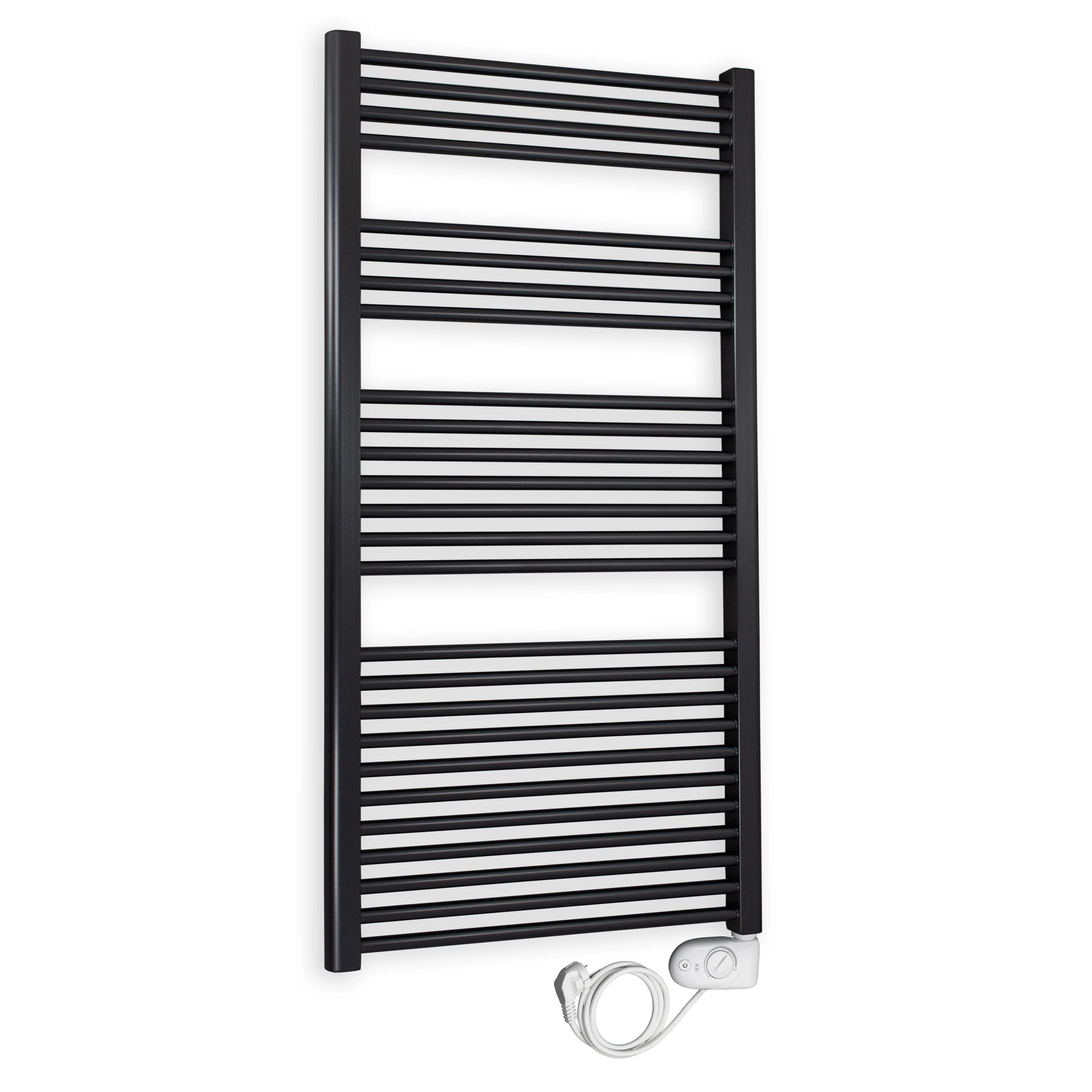 Badheizkörper gerade mit analogem Thermostat 1424 x 600 schwarz Elektroheizkörper Handtuchwärmer elektrischer Handtuchhalter - heizkoerper.shop