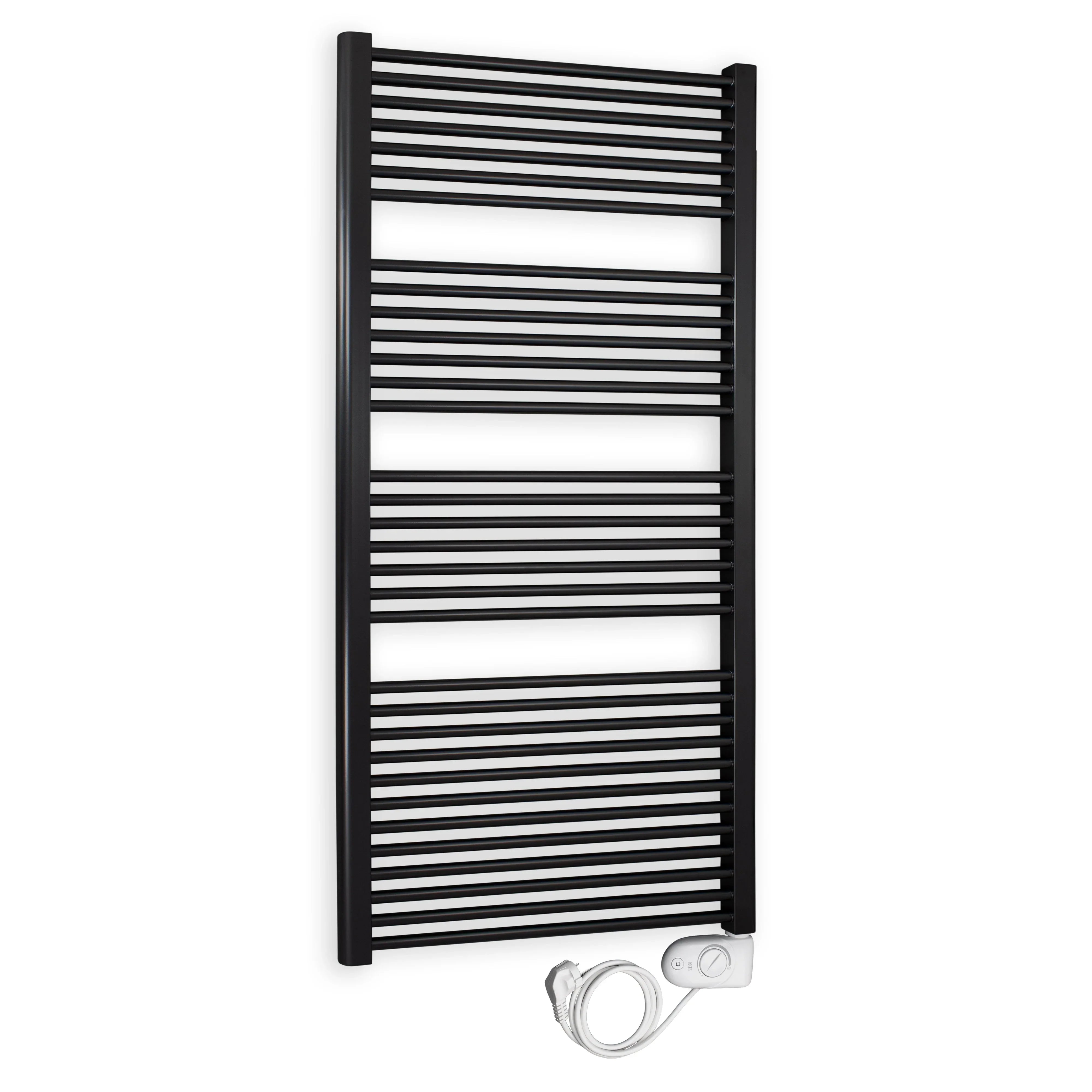 Badheizkörper gerade mit analogem Thermostat 1732 x 600 schwarz Elektroheizkörper Handtuchwärmer elektrischer Handtuchhalter - heizkoerper.shop