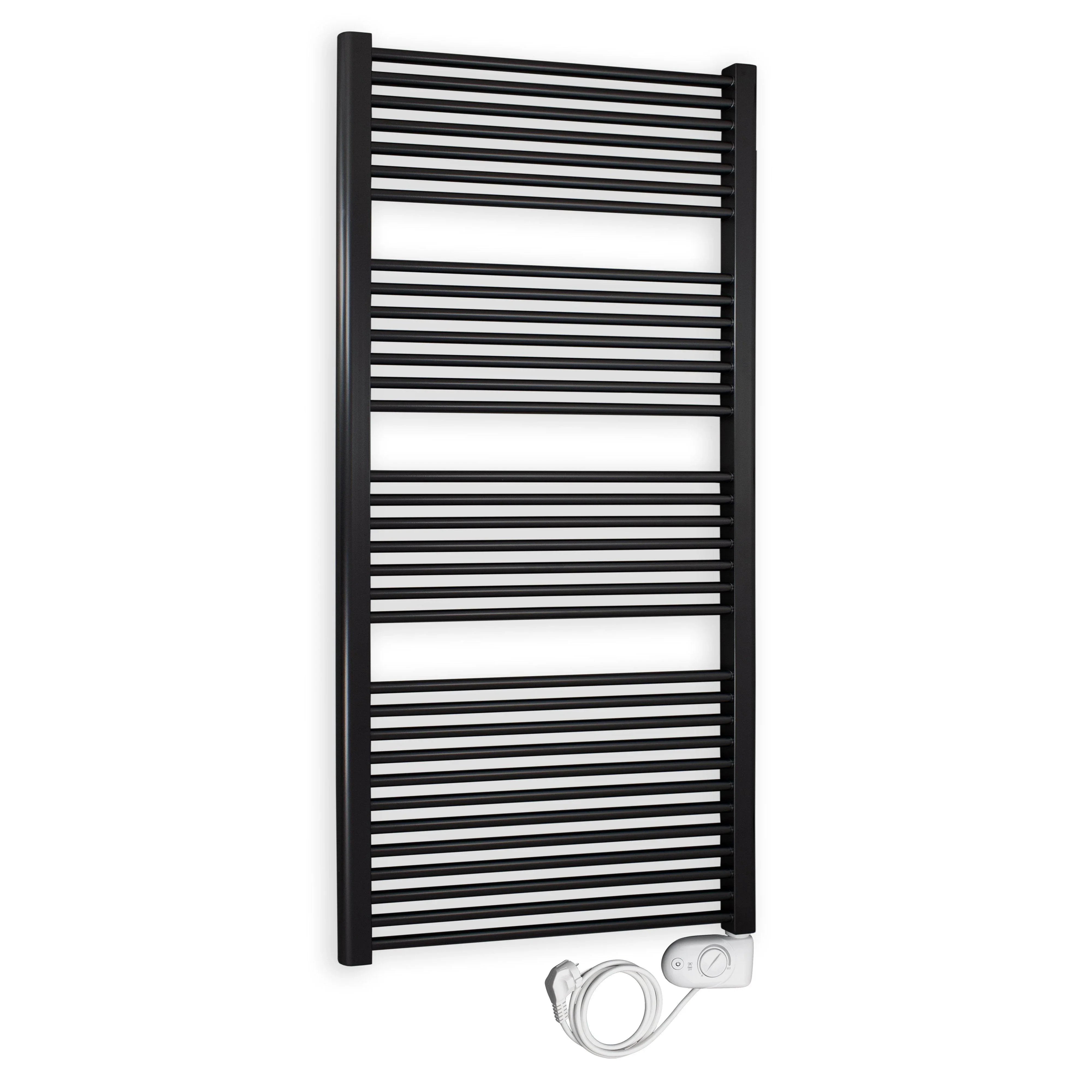 Badheizkörper gerade mit analogem Thermostat 1732 x 600 schwarz Elektroheizkörper Handtuchwärmer elektrischer Handtuchhalter - heizkoerper.shop