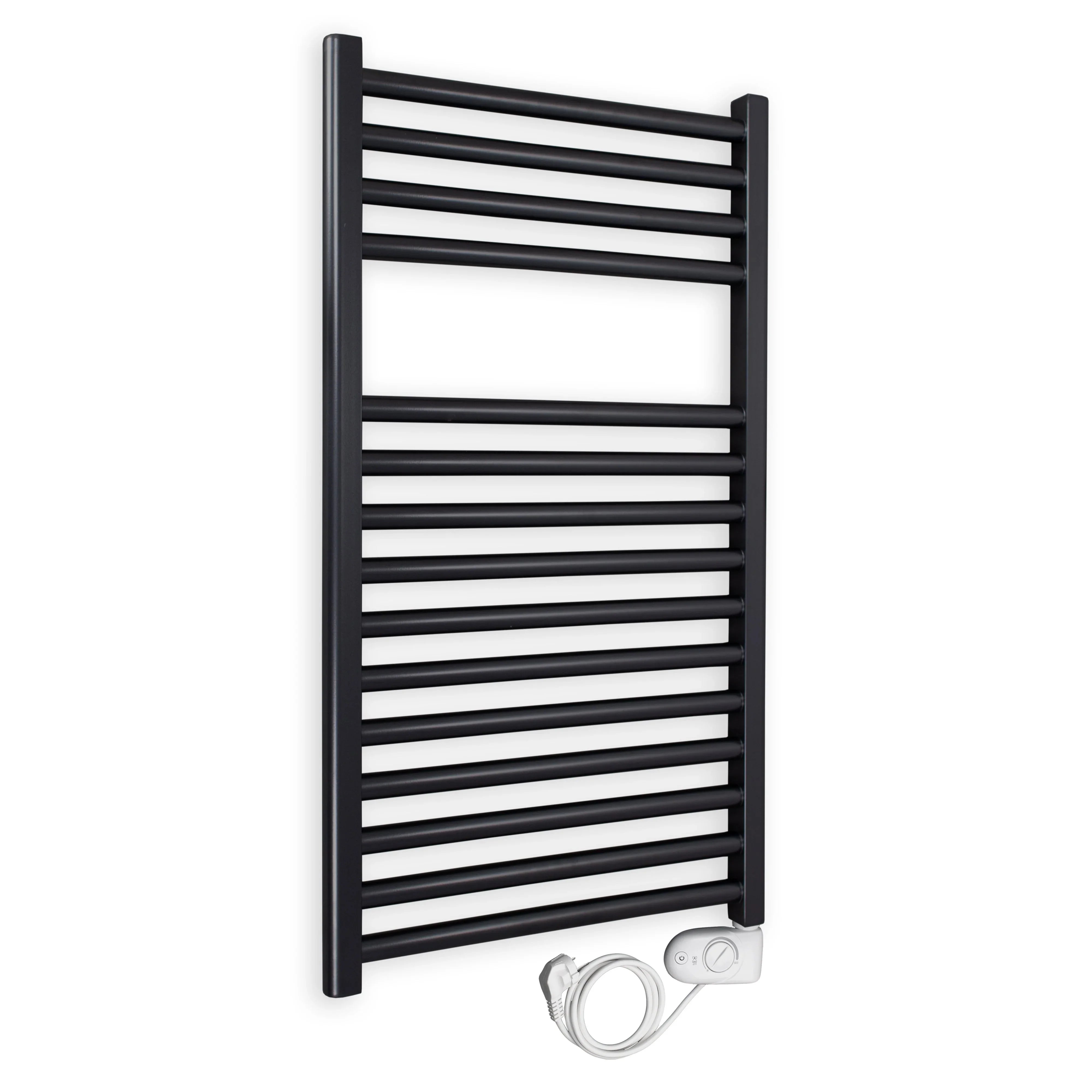 Badheizkörper gerade mit analogem Thermostat 764 x 400 schwarz Elektroheizkörper Handtuchwärmer elektrischer Handtuchhalter - heizkoerper.shop
