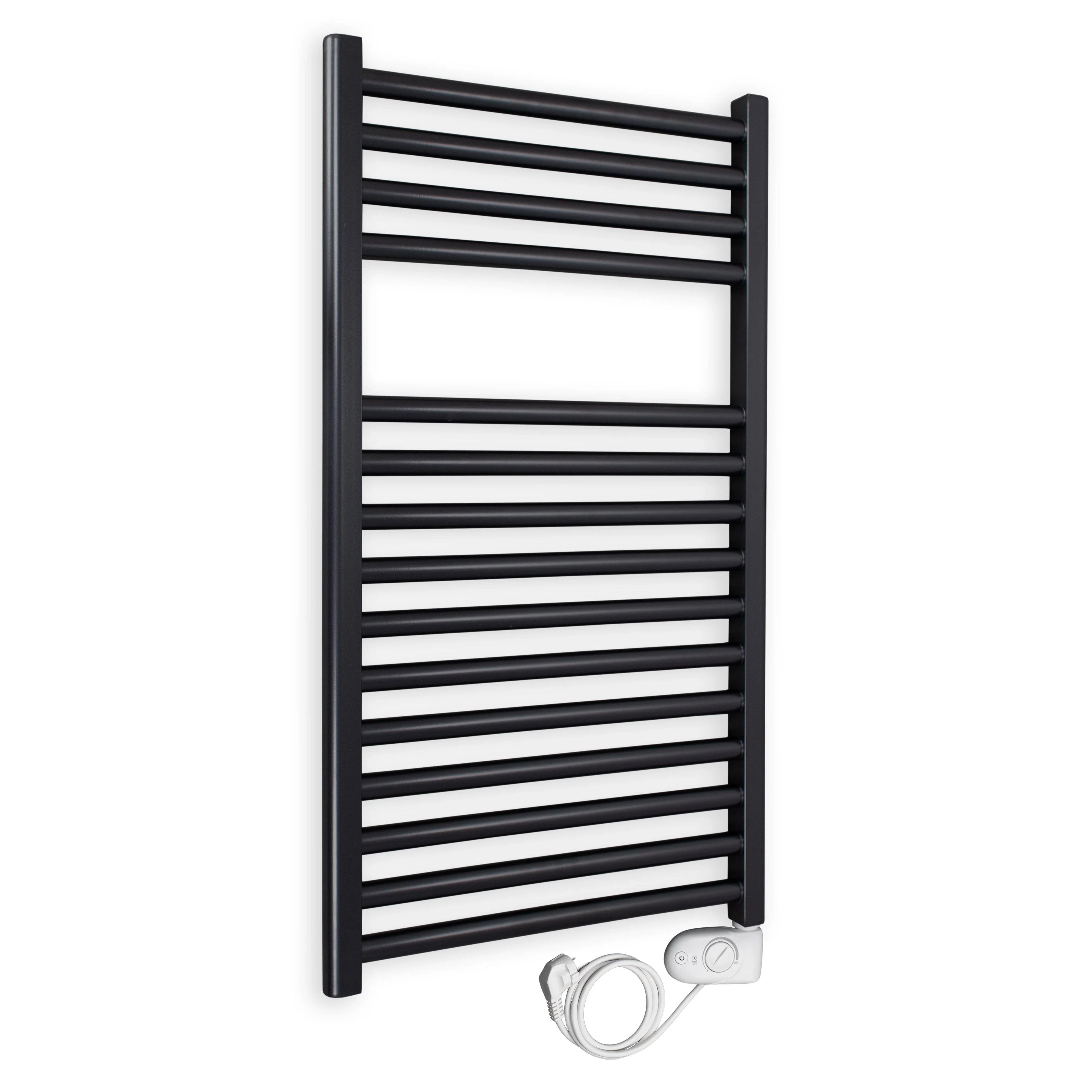 Badheizkörper gerade mit analogem Thermostat 764 x 400 schwarz Elektroheizkörper Handtuchwärmer elektrischer Handtuchhalter - heizkoerper.shop