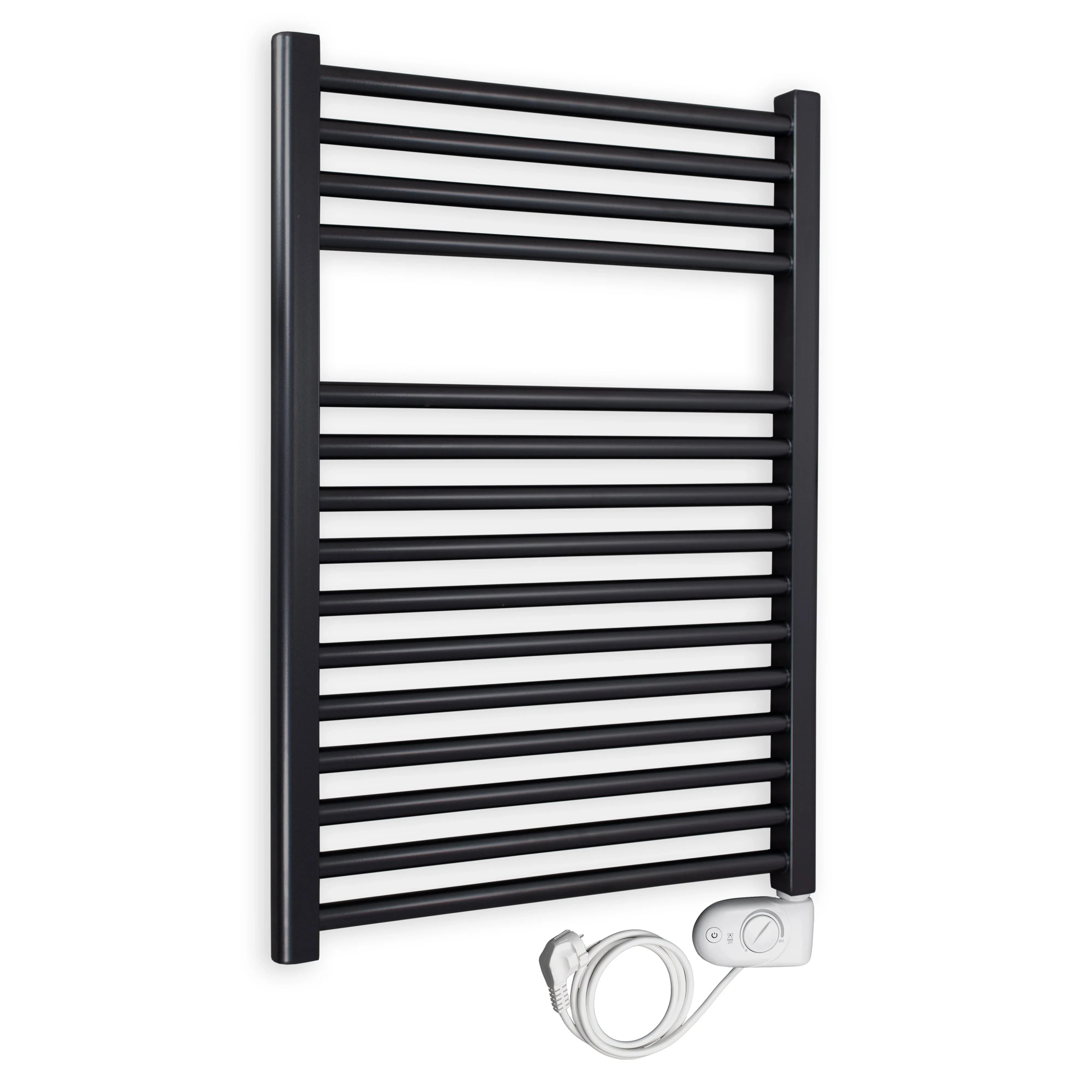 Badheizkörper gerade mit analogem Thermostat 764 x 600 schwarz Elektroheizkörper Handtuchwärmer elektrischer Handtuchhalter - heizkoerper.shop