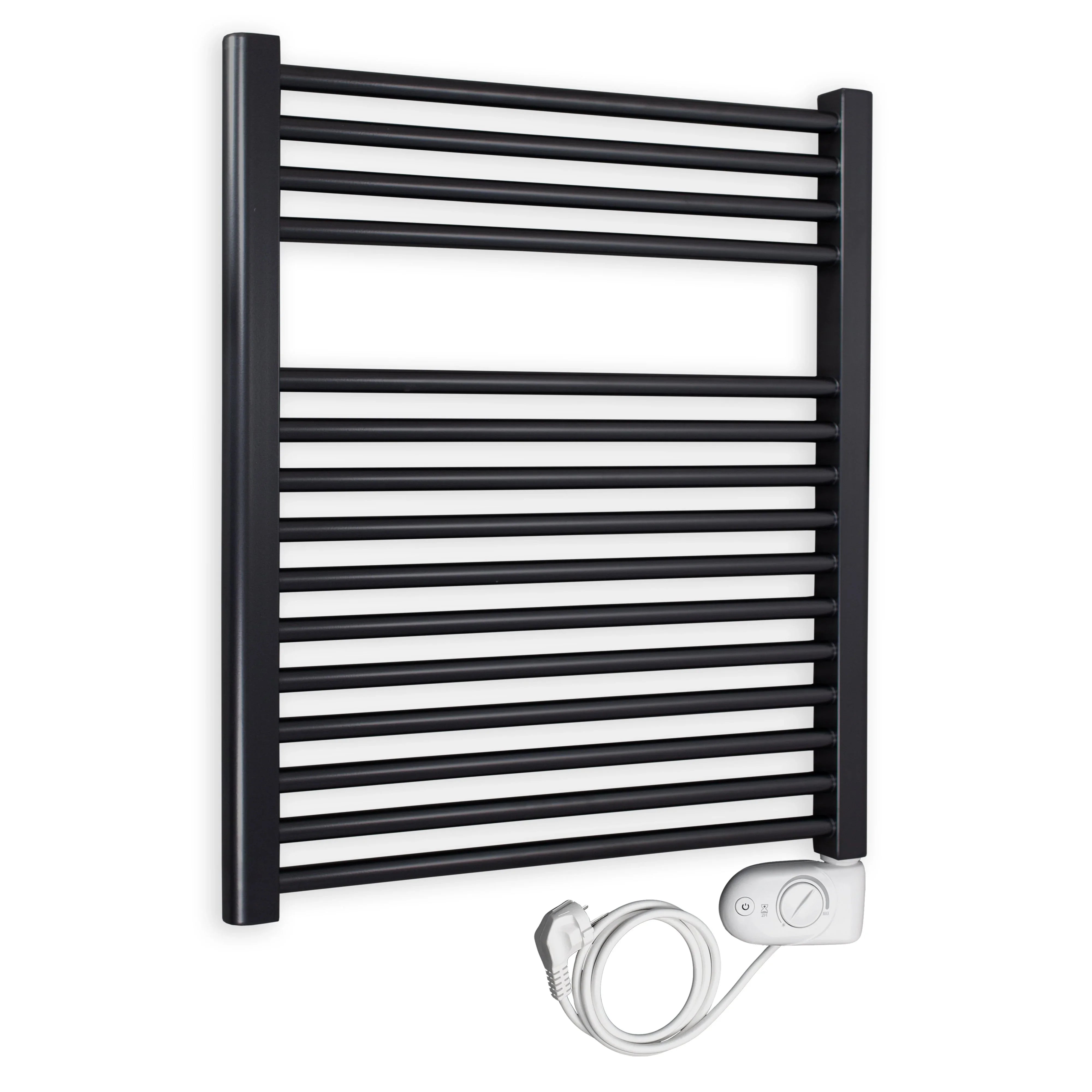 Badheizkörper gerade mit analogem Thermostat 764 x 750 schwarz Elektroheizkörper Handtuchwärmer elektrischer Handtuchhalter - heizkoerper.shop