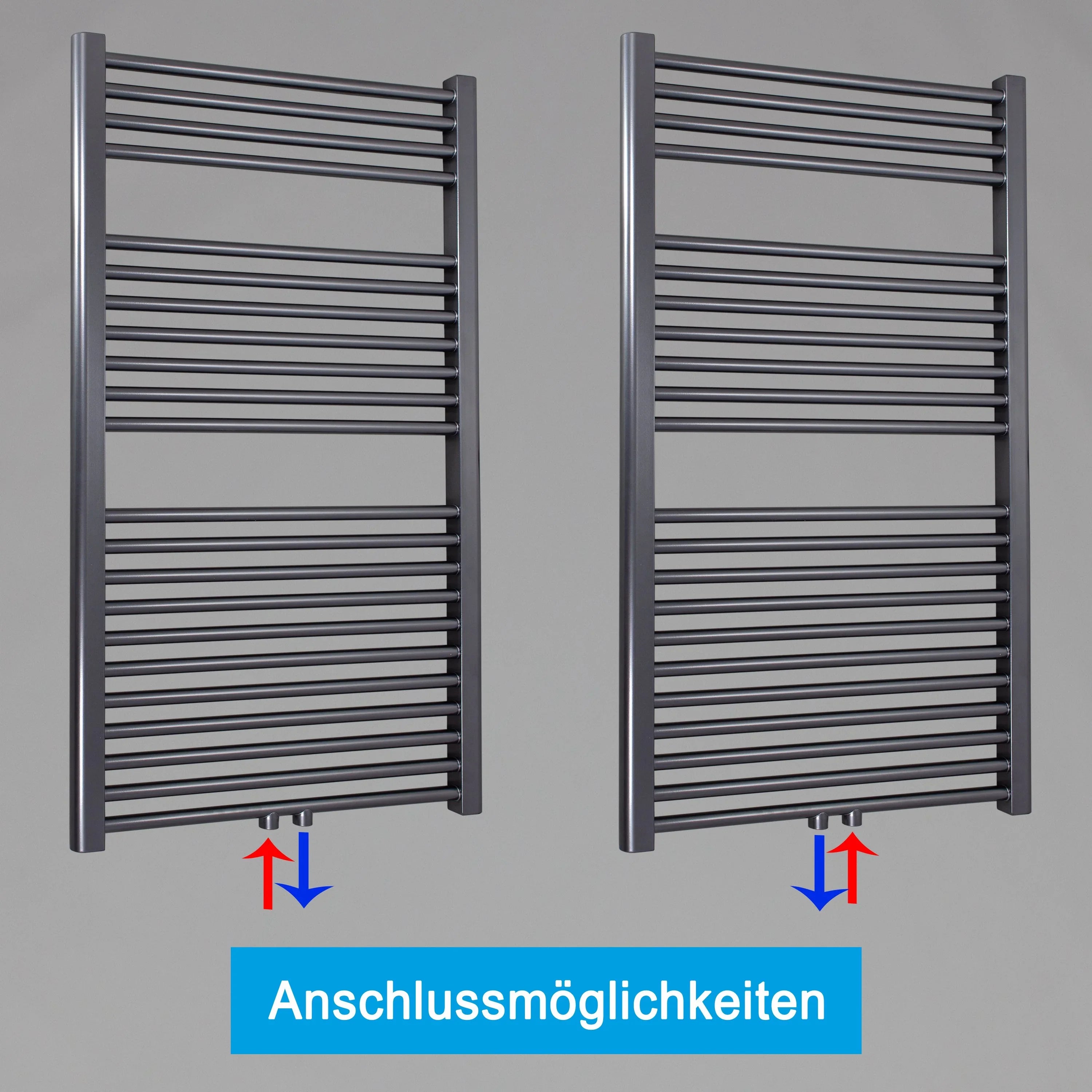 Badheizkörper gerade mit Mittenanschluss Handtuchhalter Badezimmer Heizung Handtuchwärmer 1160 x 600 anthrazit Anschlussmöglichkeiten - heizkoerper.shop