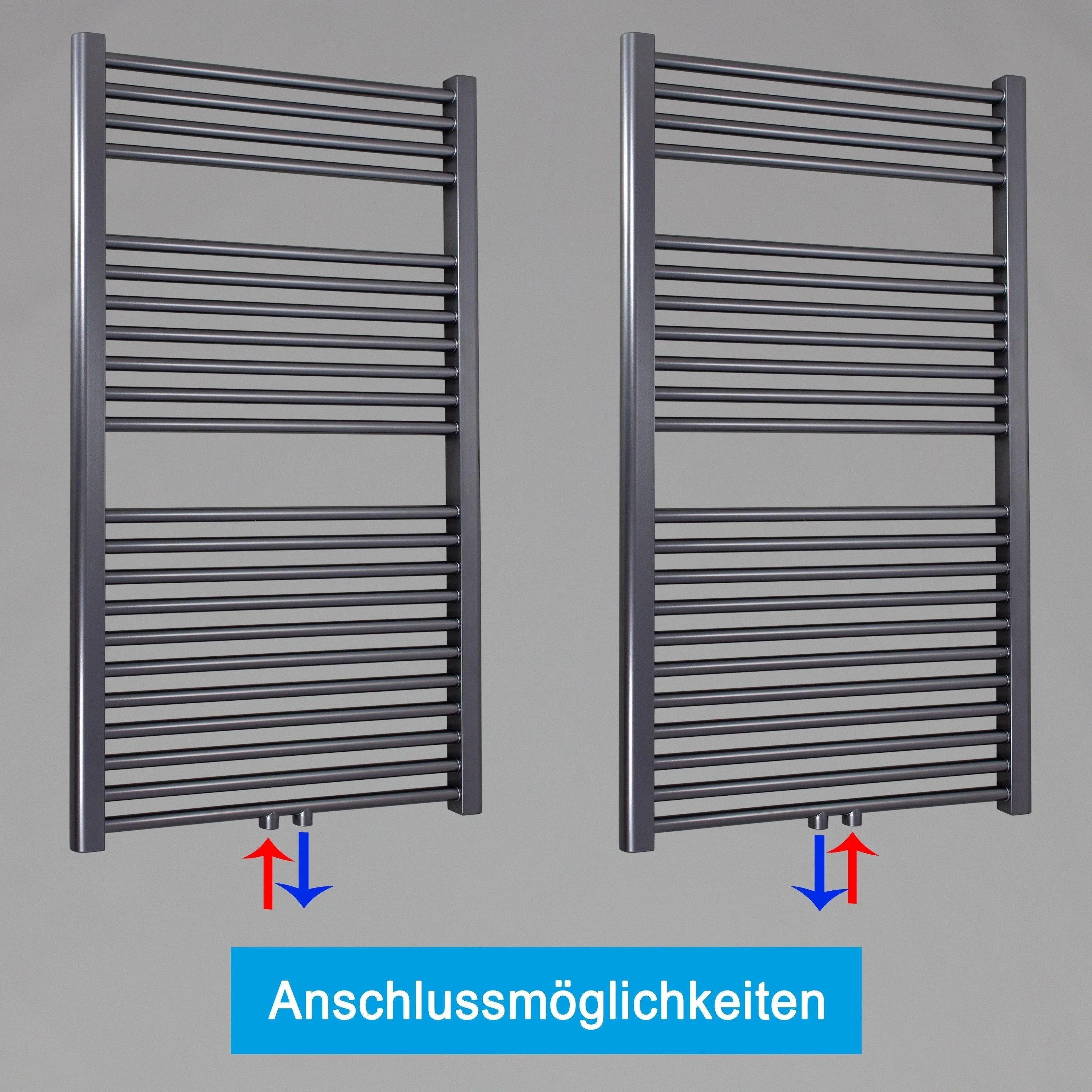 Handtuchheizkörper mit Mittelanschluss Handtuchhalter Badezimmer Heizung Handtuchwärmer 1160 x 600 anthrazit Anschlussmöglichkeiten - heizkoerper.shop