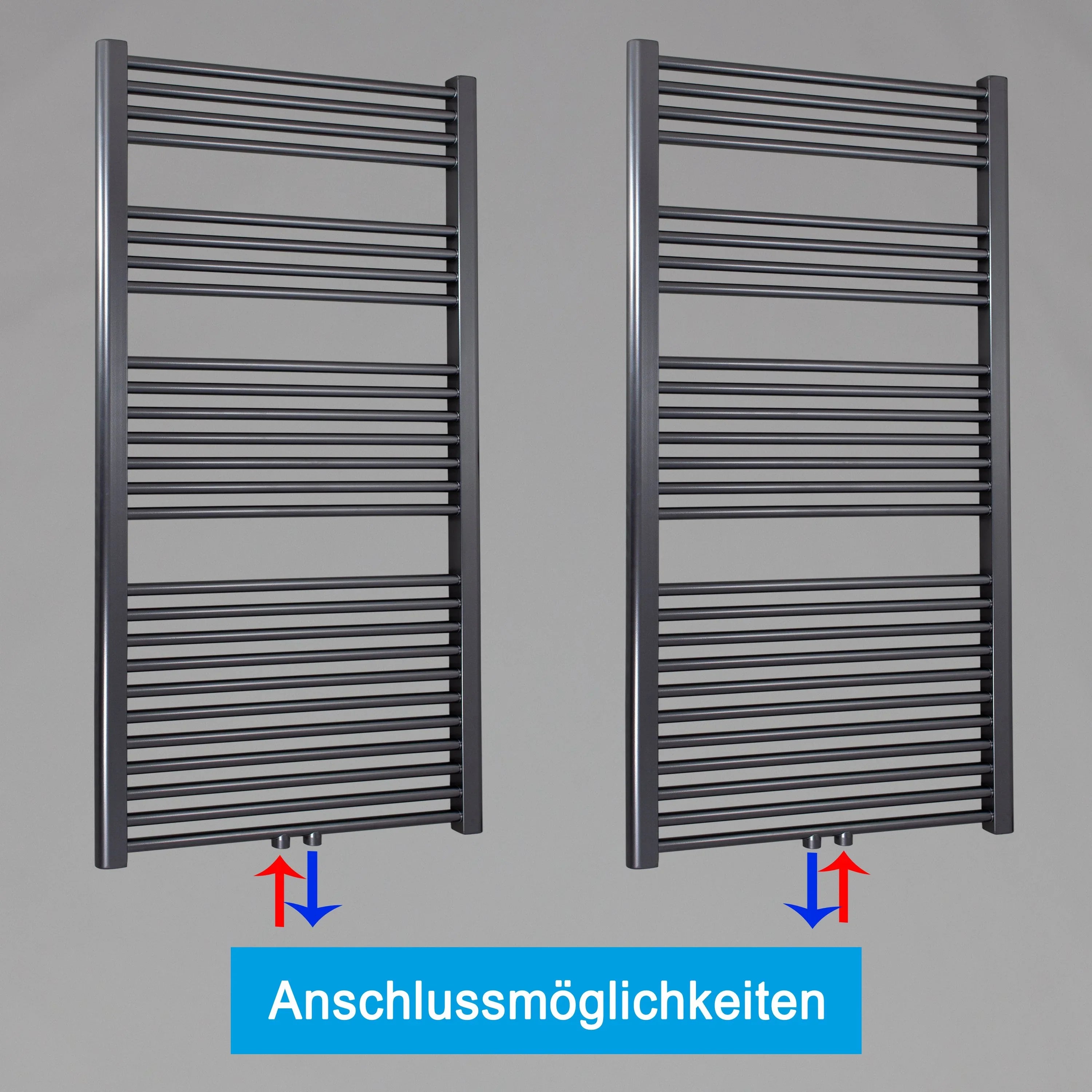 Badheizkörper gerade mit Mittenanschluss Handtuchhalter Badezimmer Heizung Handtuchwärmer 1424 x 600 anthrazit Anschlussmöglichkeiten - heizkoerper.shop