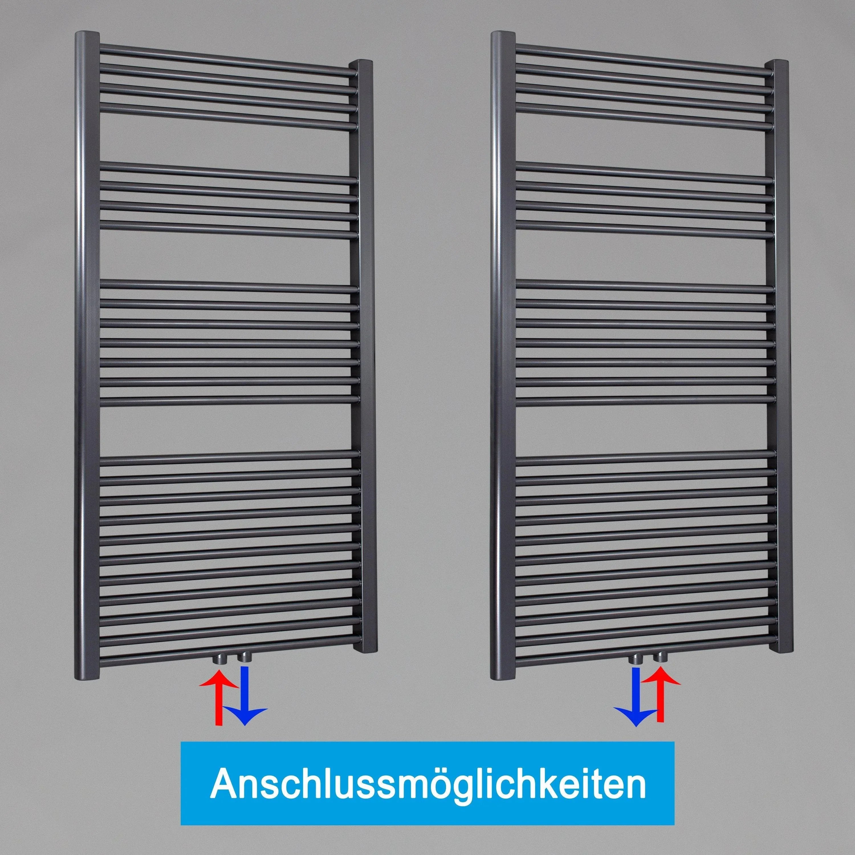 Handtuchheizkörper mit Mittelanschluss Handtuchhalter Badezimmer Heizung Handtuchwärmer 1424 x 600 anthrazit Anschlussmöglichkeiten - heizkoerper.shop