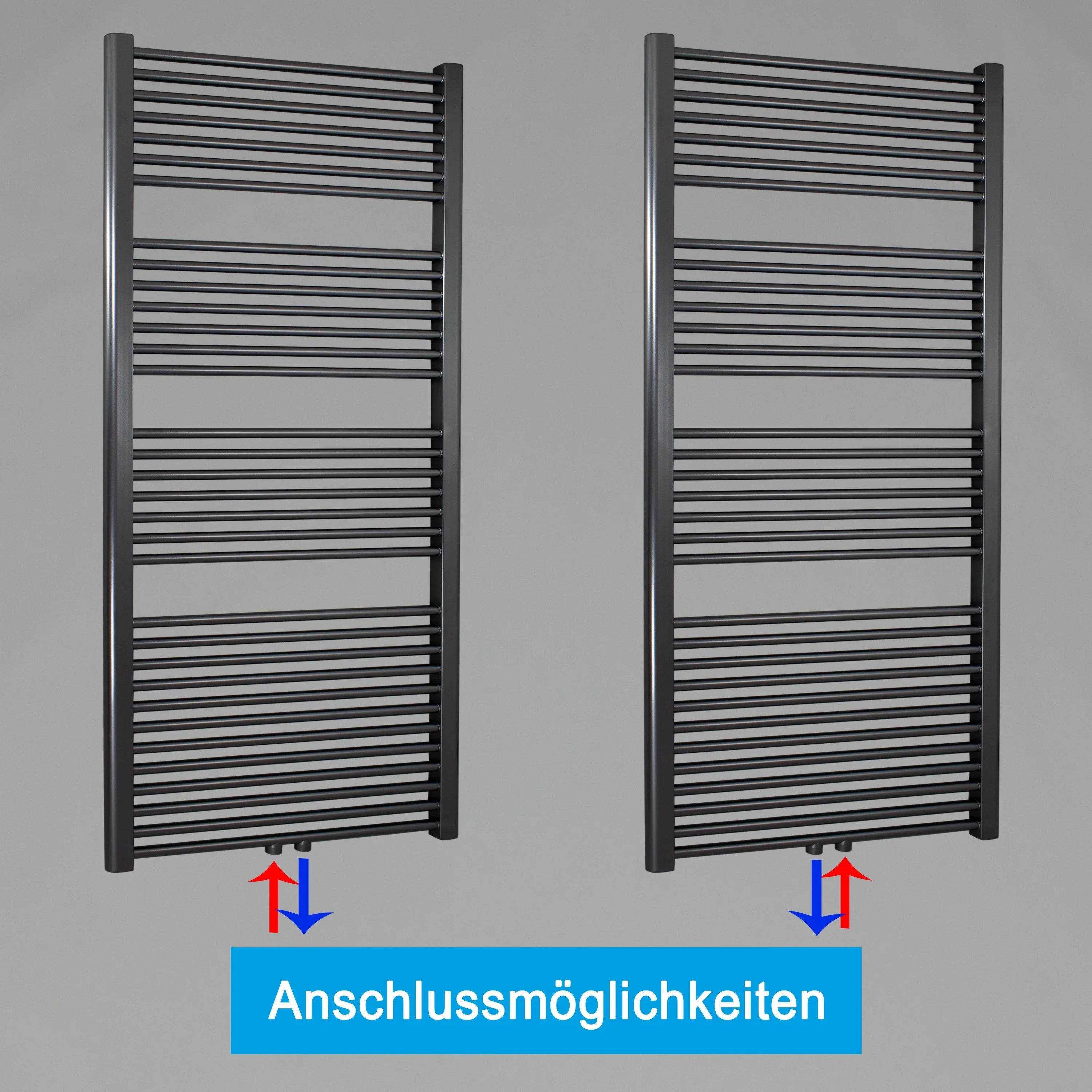 Badheizkörper gerade mit Mittenanschluss Handtuchhalter Badezimmer Heizung Handtuchwärmer 1732 x 600 anthrazit Anschlussmöglichkeiten - heizkoerper.shop
