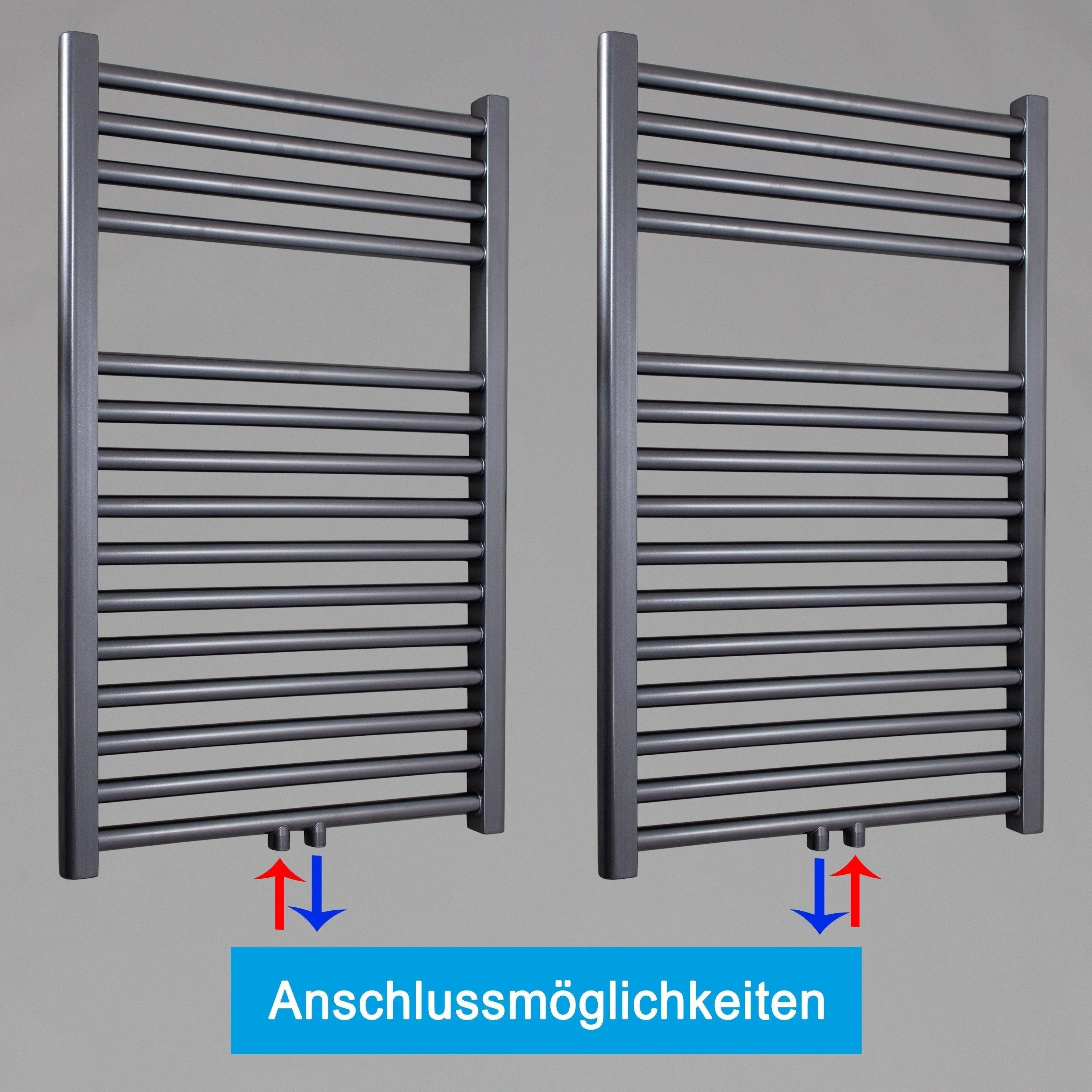 Handtuchheizkörper mit Mittelanschluss Handtuchhalter Badezimmer Heizung Handtuchwärmer 764 x 600 anthrazit Anschlussmöglichkeiten - heizkoerper.shop
