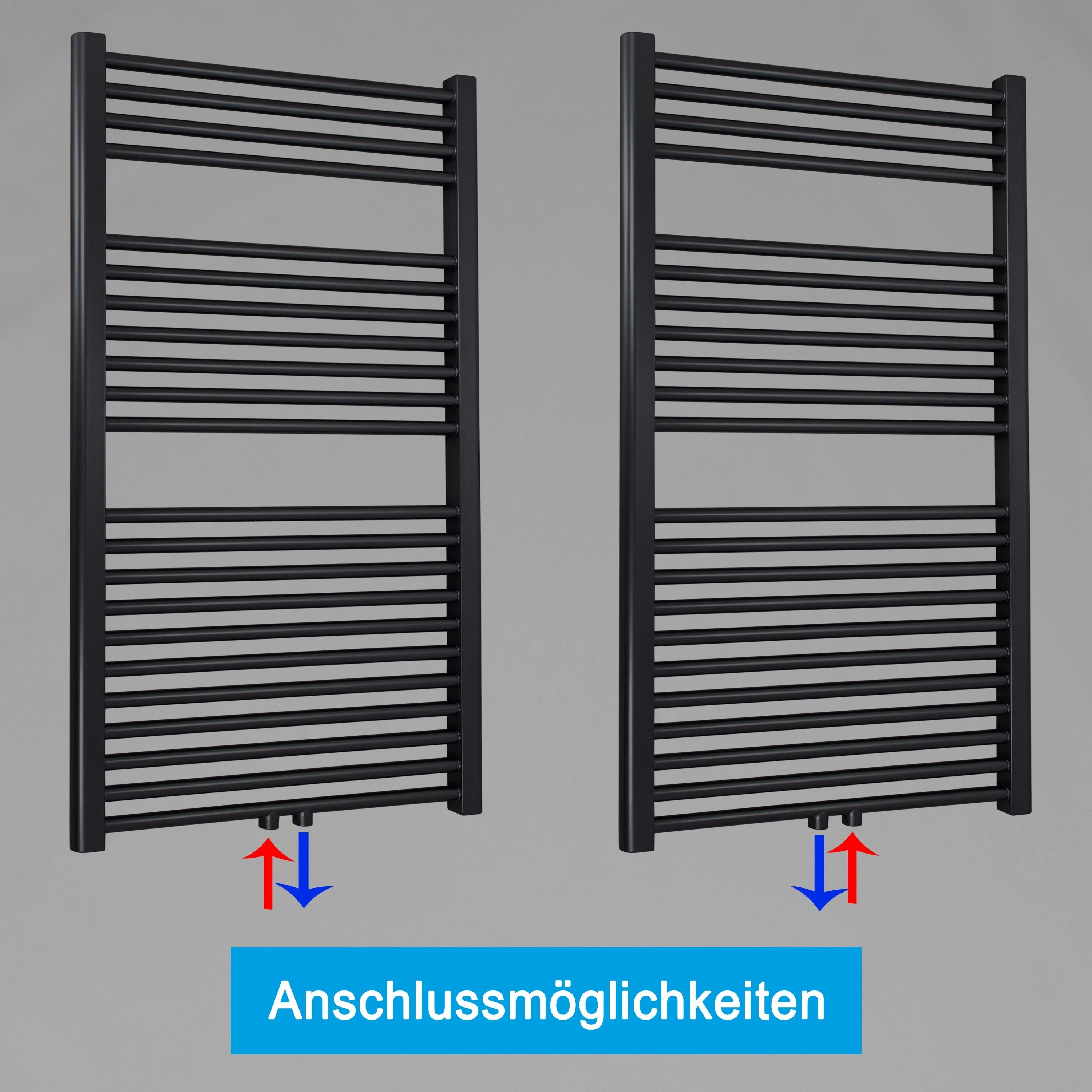 Badheizkörper gerade mit Mittenanschluss Handtuchhalter Badezimmer Heizung Handtuchwärmer 1160 x 600 schwarz Anschlussmöglichkeiten - heizkoerper.shop